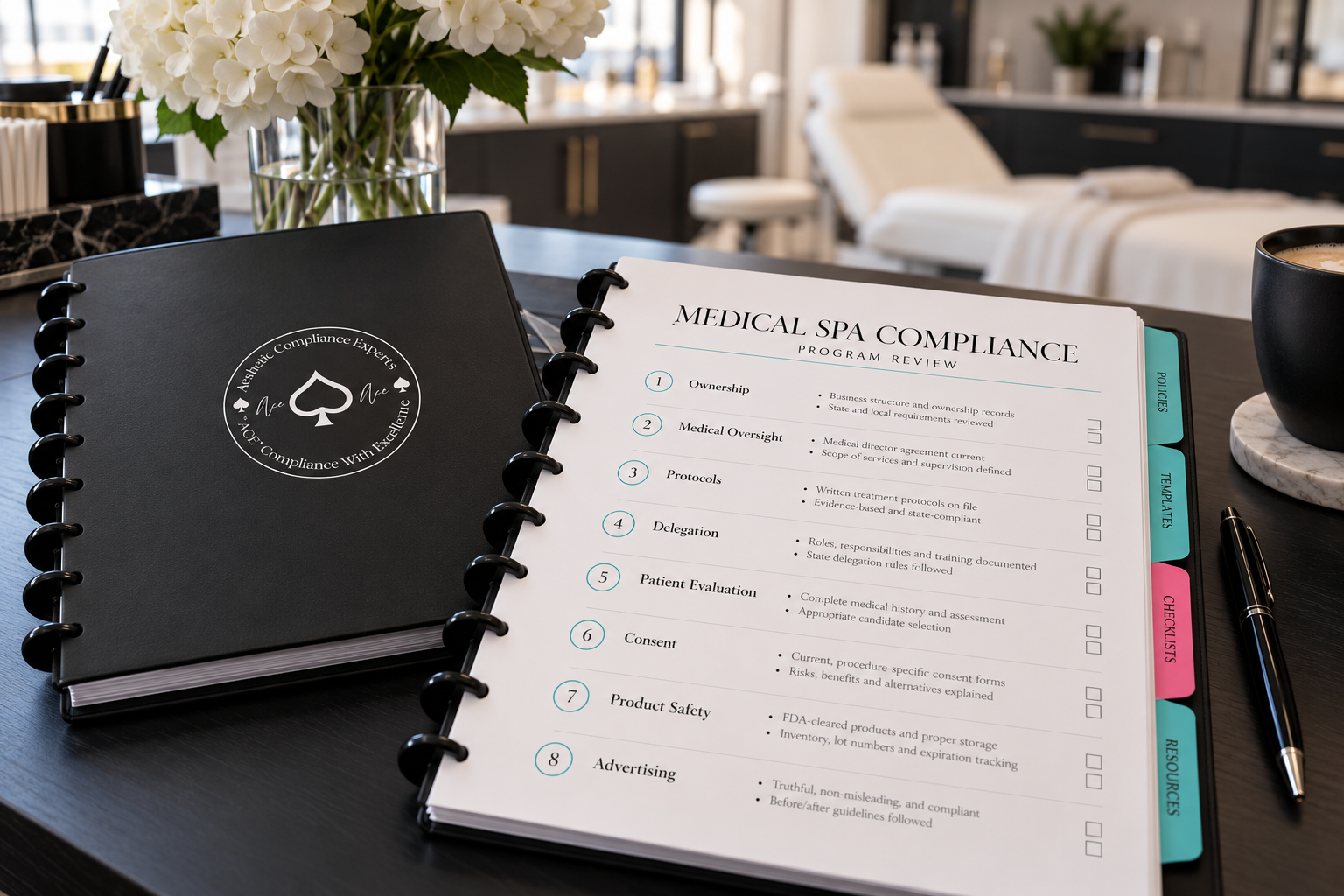 Medical spa compliance program review binder listing the eight parts: ownership, medical oversight, protocols, delegation, patient evaluation, consent, product safety and advertising