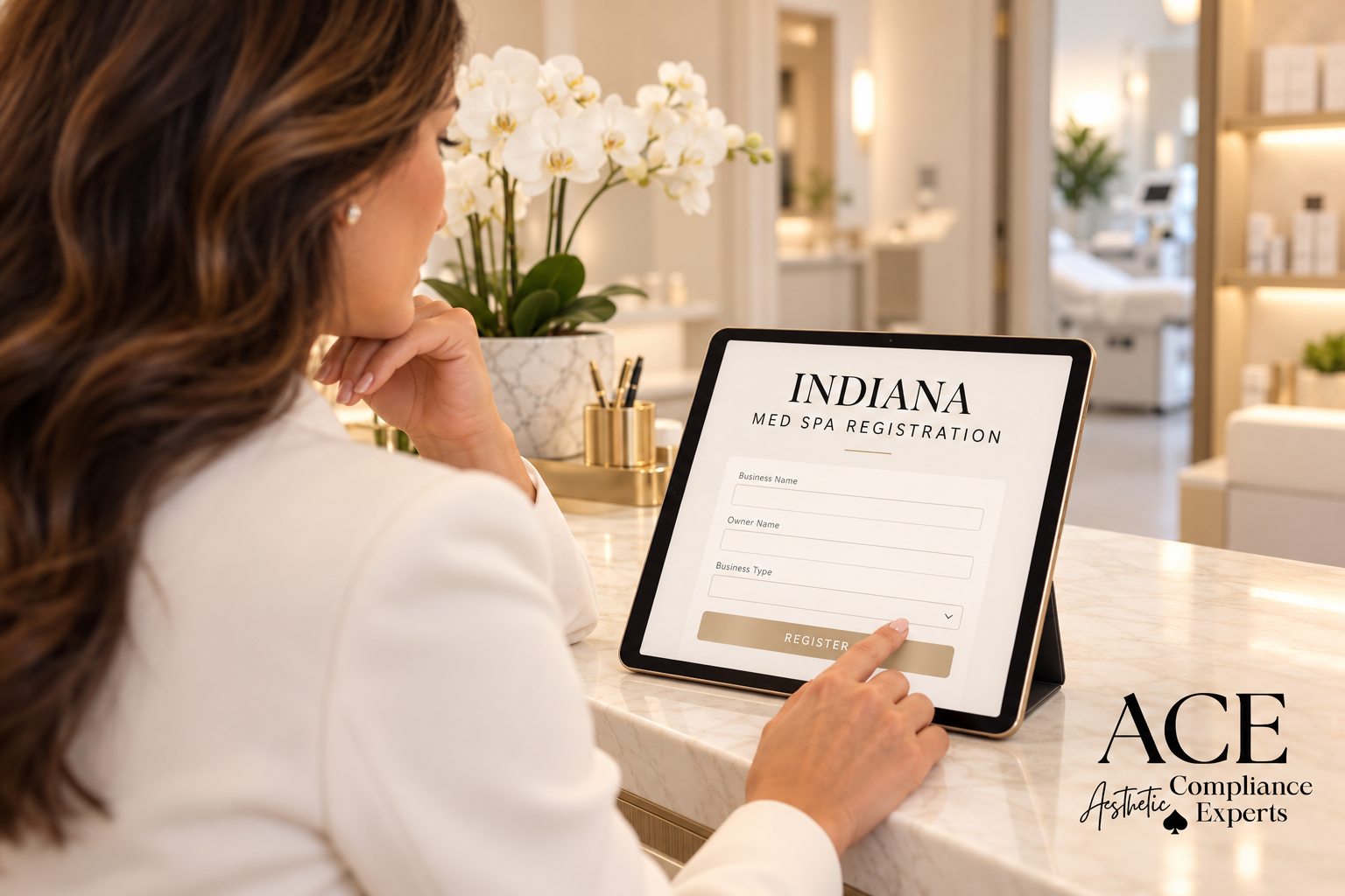 Woman at a med spa front desk tapping Register on a tablet showing an Indiana med spa registration form