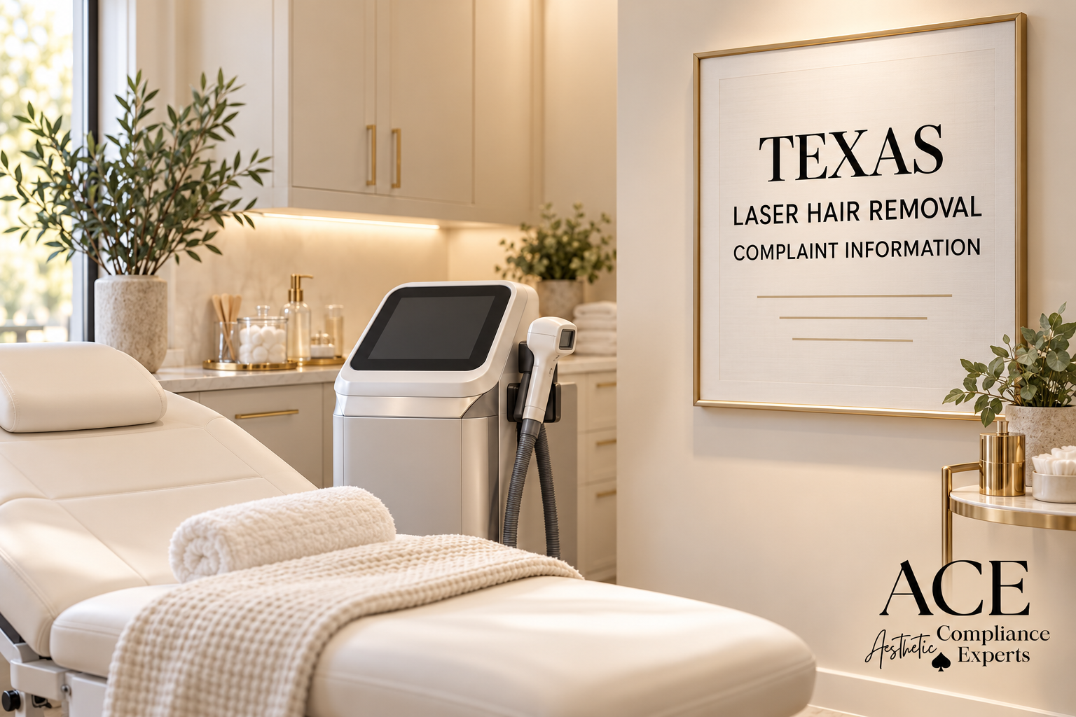 Laser treatment room with a framed sign titled Texas Laser Hair Removal Complaint Information