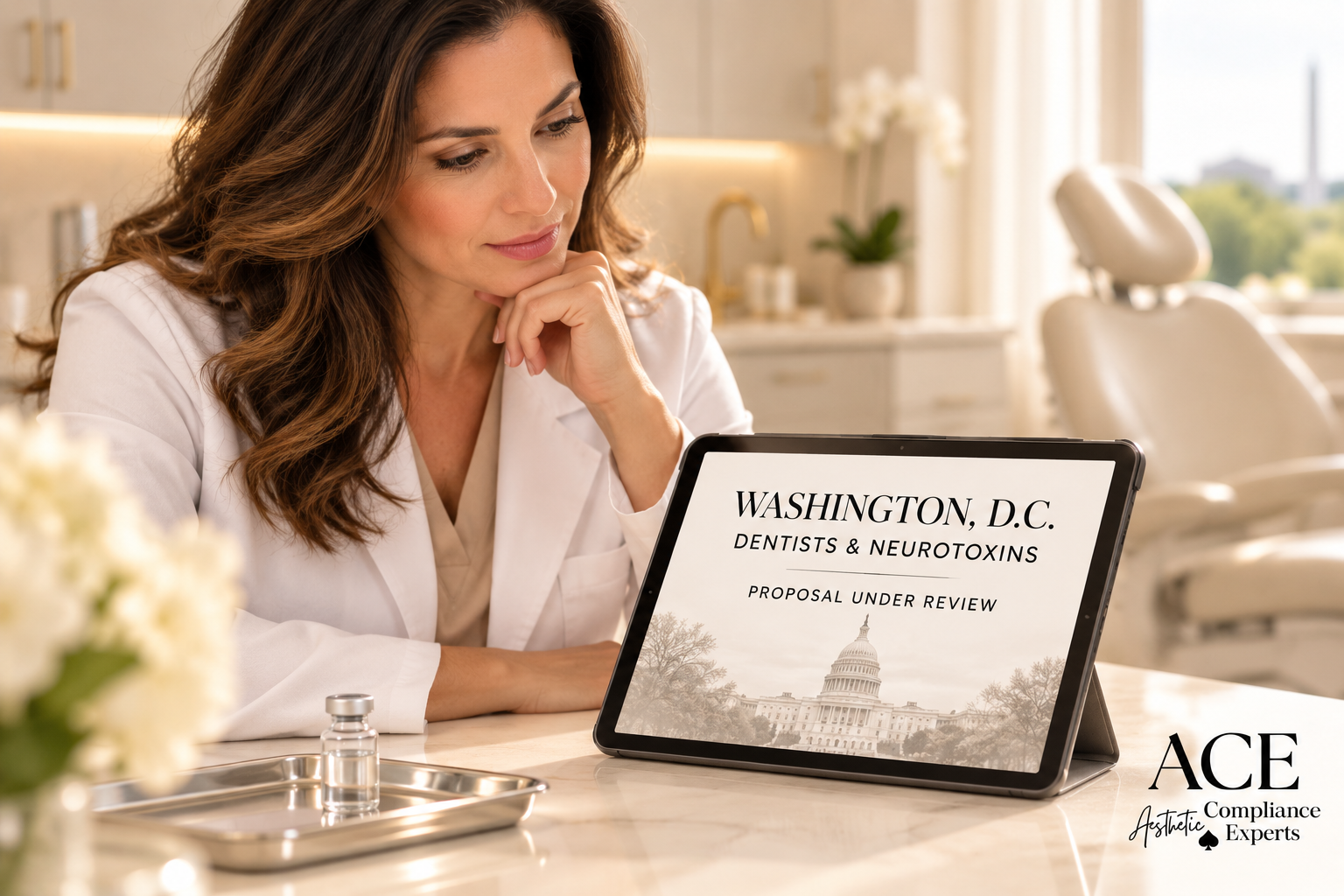 Provider looking at a tablet titled Washington, D.C. Dentists and Neurotoxins, Proposal Under Review