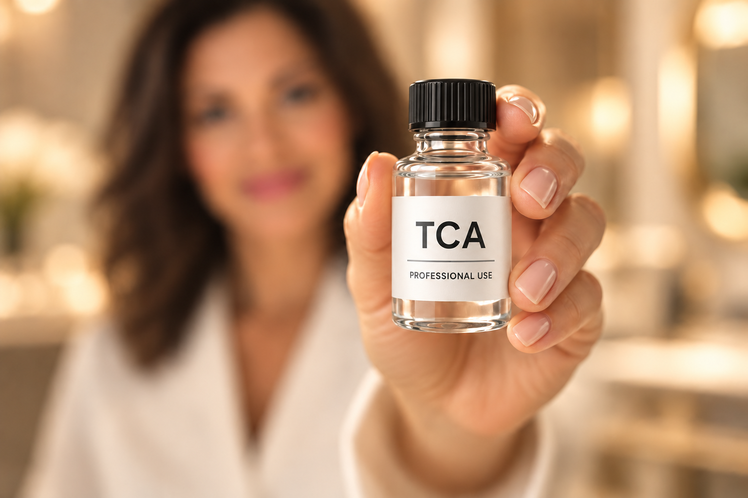 Hand holding a small bottle labeled TCA Professional Use, illustrating California's AB 496 ban on trichloroacetic acid in cosmetic products