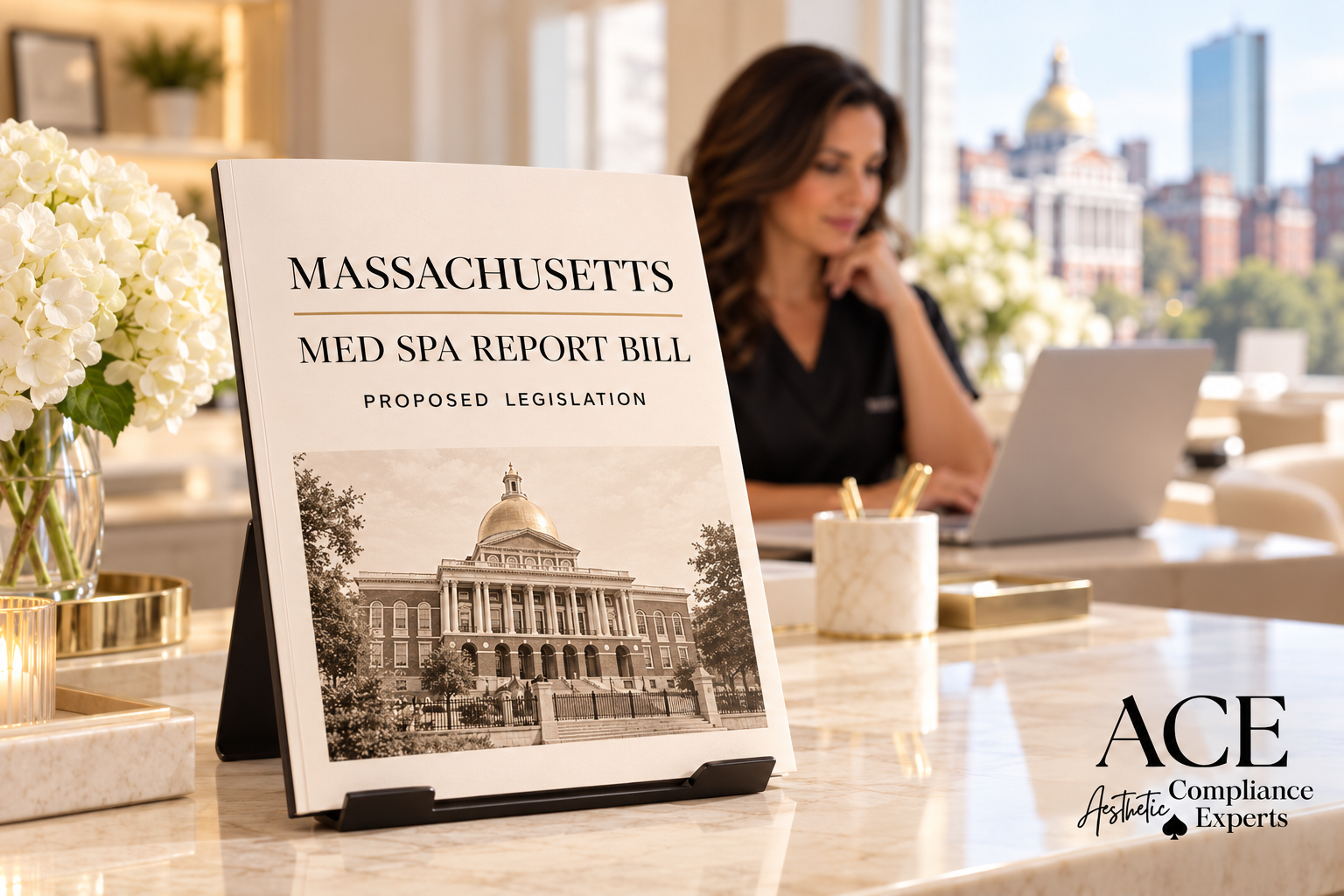 Booklet titled Massachusetts Med Spa Report Bill, Proposed Legislation, with the State House behind