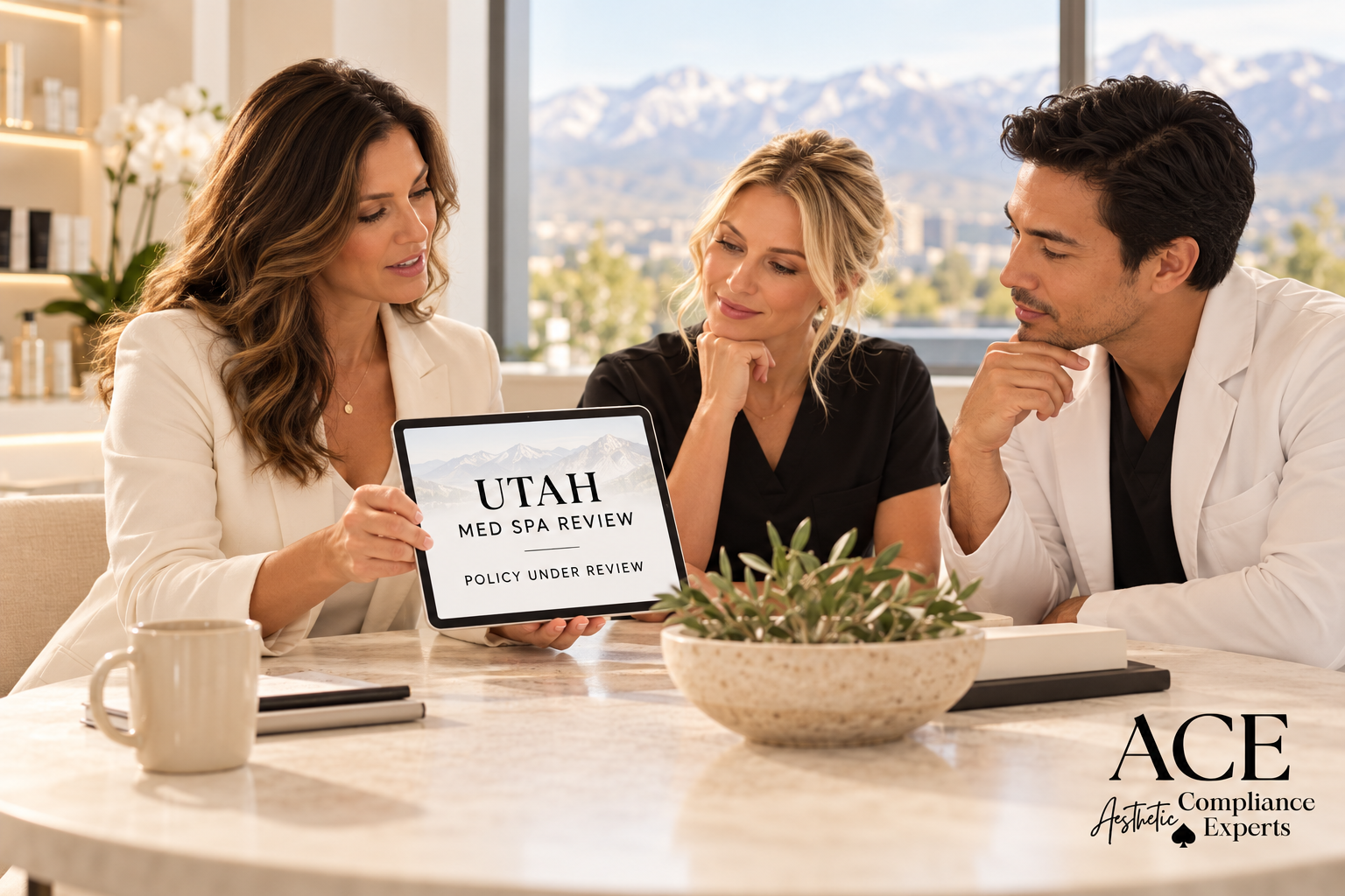 Three clinic team members reviewing a tablet titled Utah Med Spa Review, Policy Under Review