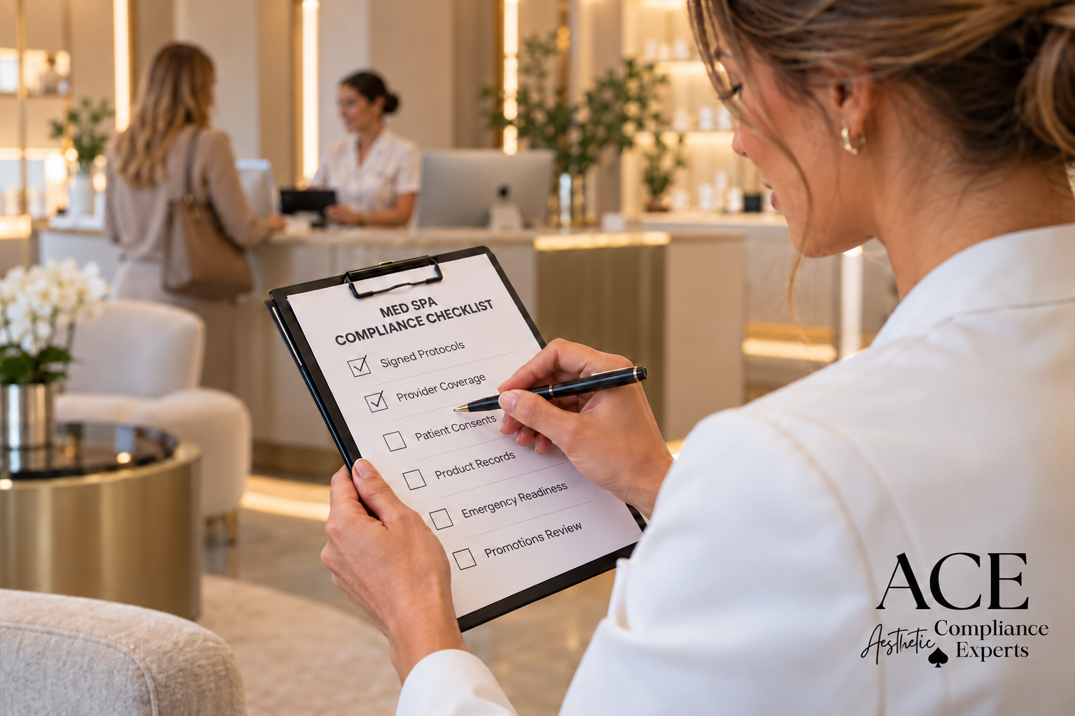 Med spa owner checking off a compliance checklist of signed protocols, provider coverage, consents, product records, emergency readiness and promotions