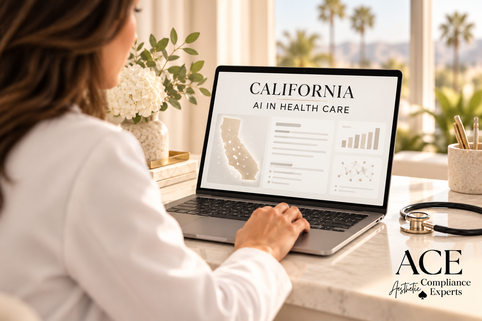 Provider in a white coat viewing a laptop screen titled California AI in Health Care