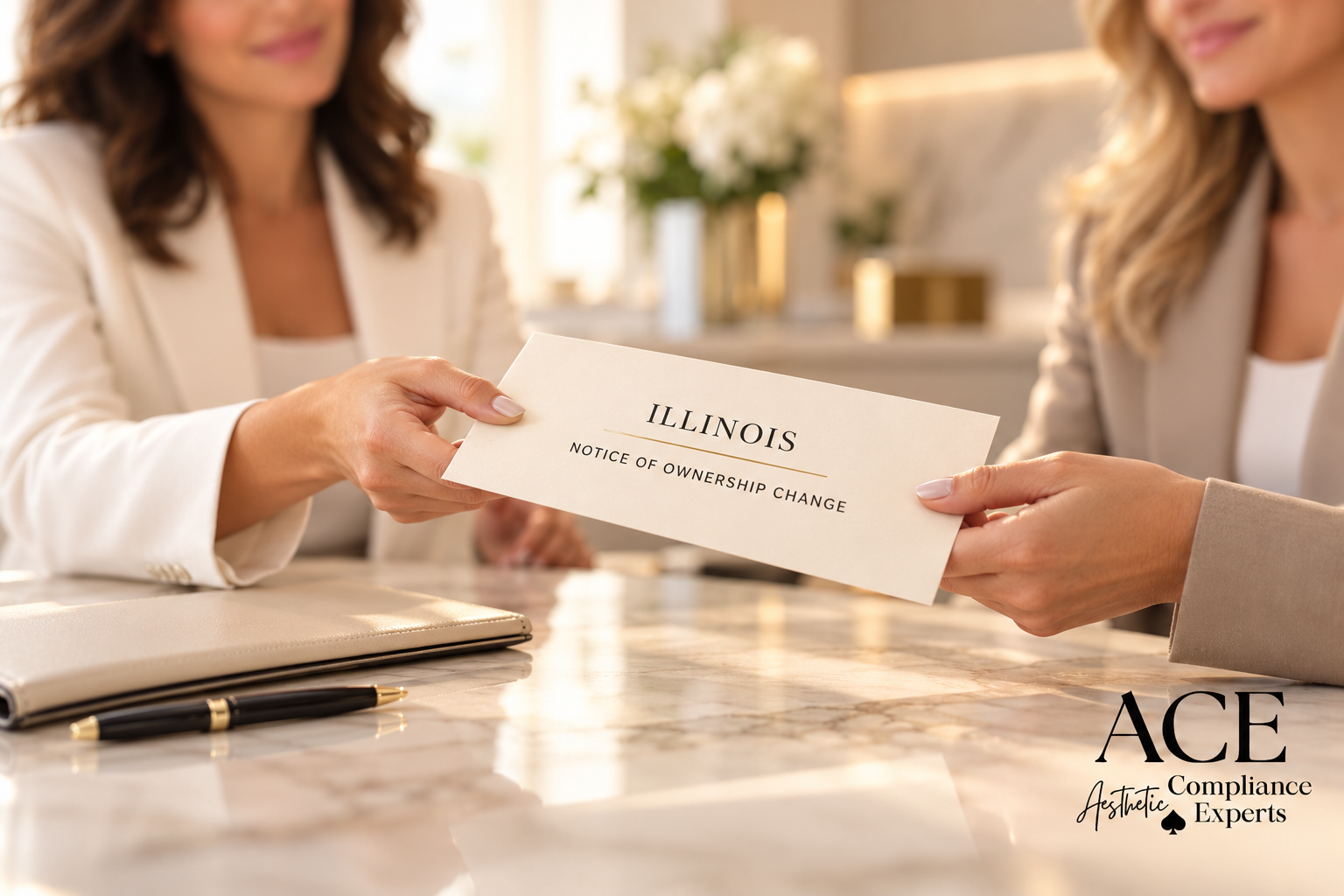 Two women passing an envelope labeled Illinois Notice of Ownership Change across a marble desk
