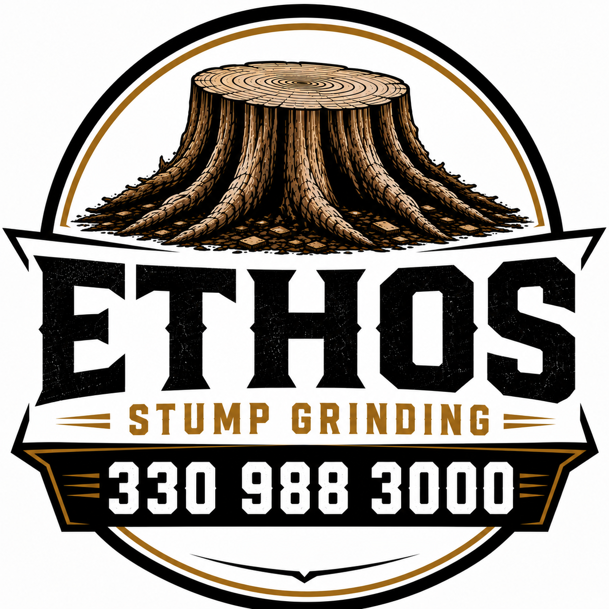Logo for Ethos Stump Grinding featuring a detailed illustration of a tree stump with roots, the company name 'ETHOS' in large bold letters, 'Stump Grinding' in smaller text, and contact number '330 988 3000'.