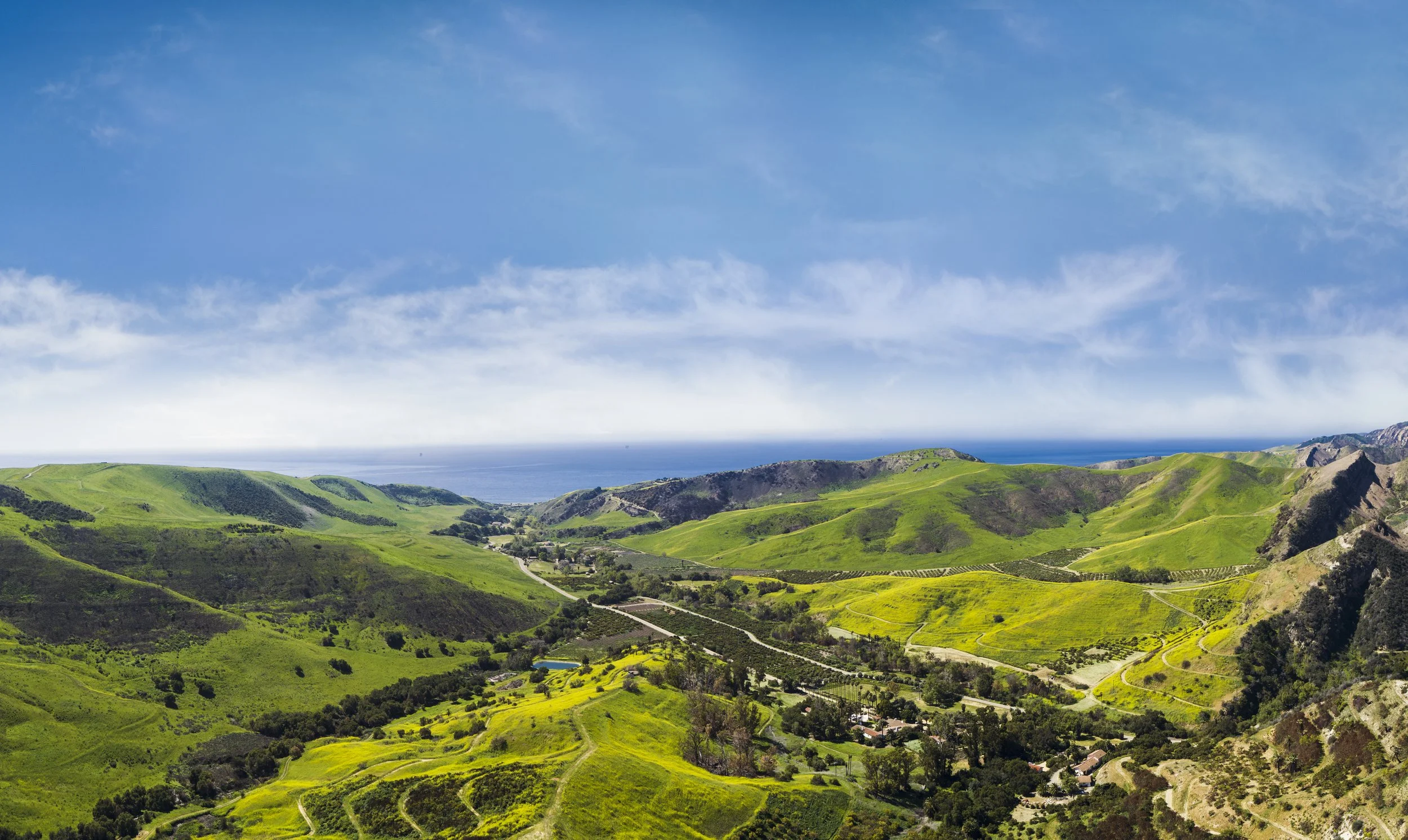 Scenic view of green rolling hills under a blue sky with wispy clouds, with the ocean visible in the distance.