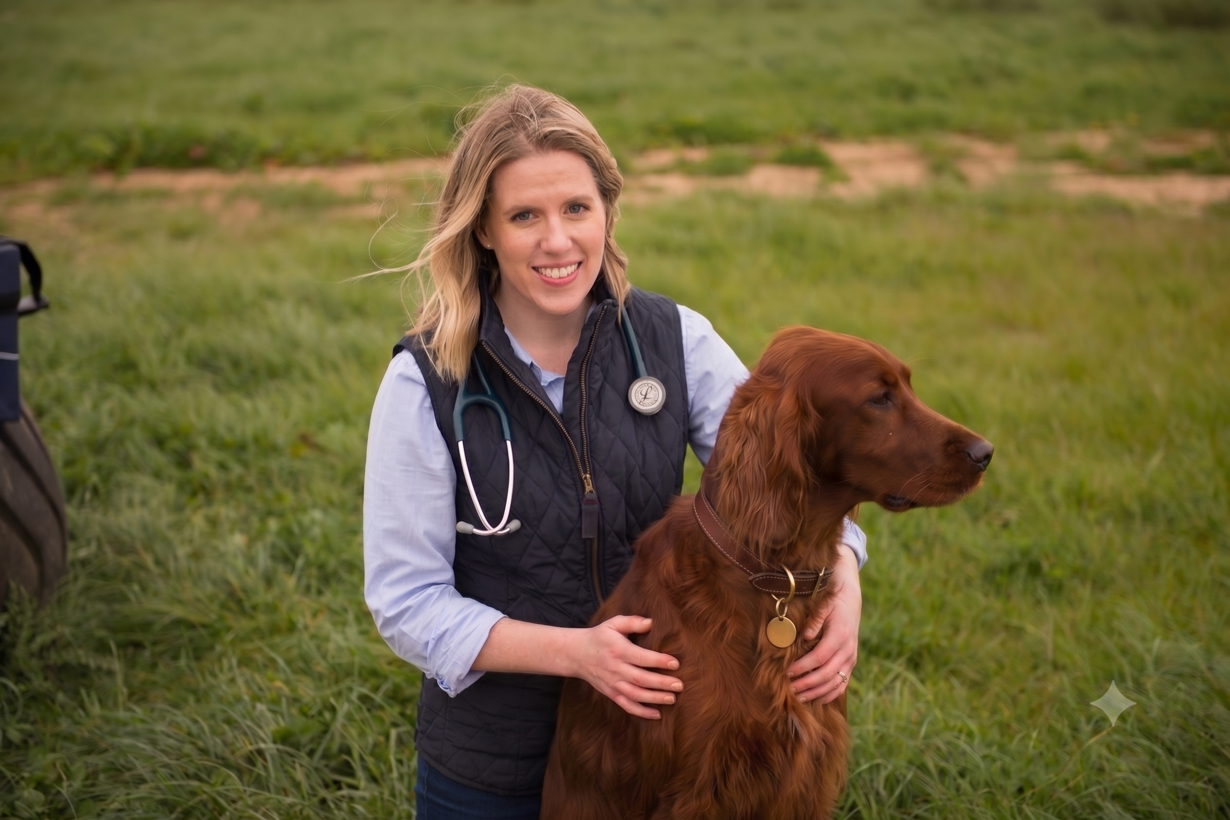 A female veterinarian with blonde hair smiling and holding a red Irish Setter dog, outdoors on a grassy field with a blurred background.