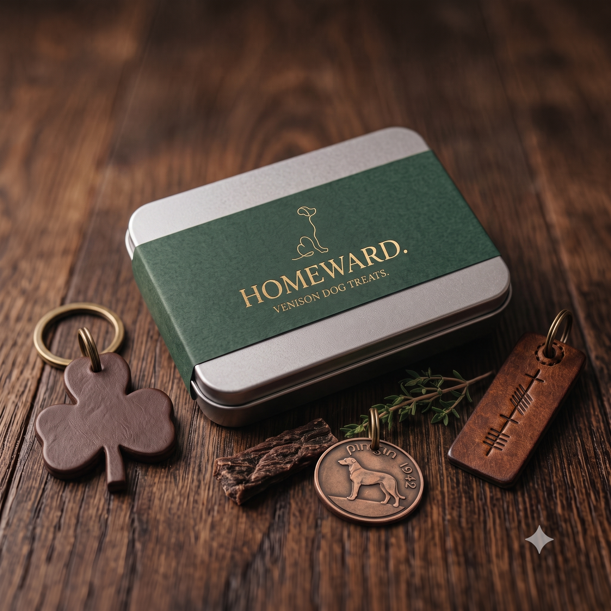 A green box of homemade venison dog treats labeled 'Homeward.' on a wooden surface surrounded by a brown leather dog collar tag, a copper dog coin tag, and some green leaves.