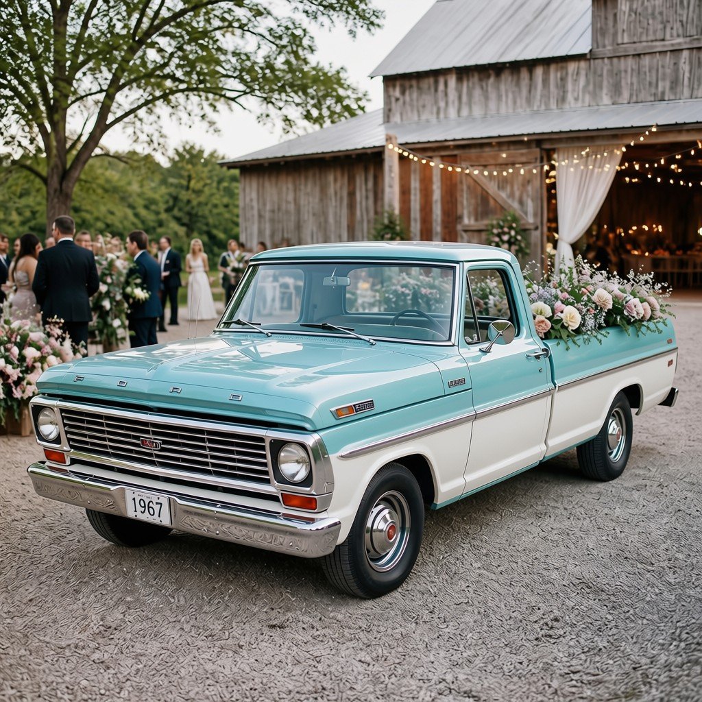 A vintage blue and white pickup truck with floral decorations on its bed, parked outside a rustic barn at a wedding reception with guests and string lights in the background.