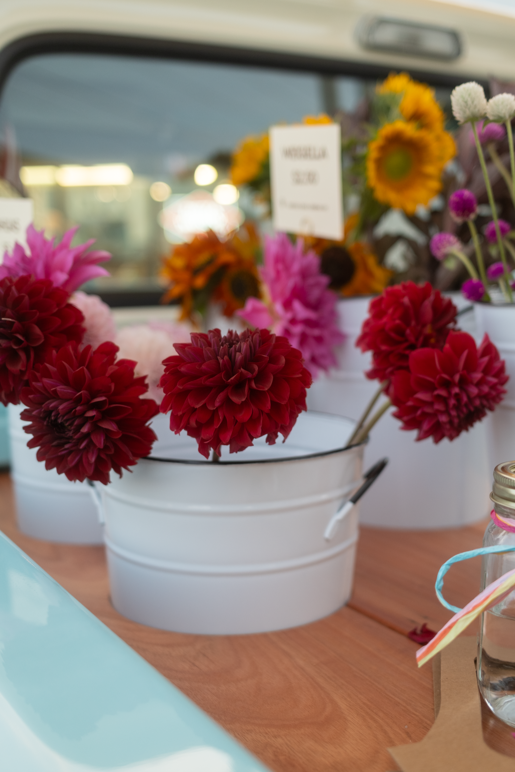 Colorful flowers in white buckets on a wooden table, with a blurred background and a sign that reads "Marigella 50¢."