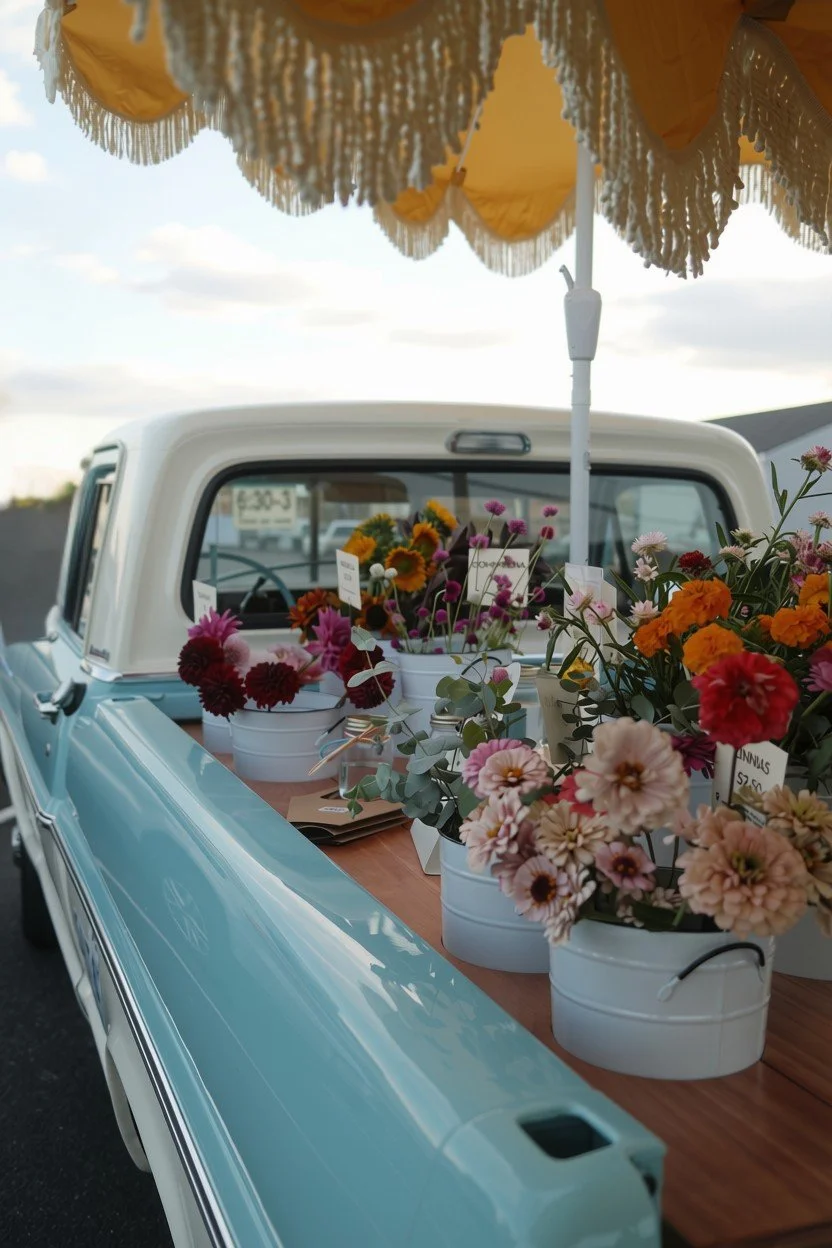 Flower buckets with pink, red, orange, and yellow blooms on a truck bed at a farmers market, with a yellow umbrella overhead.