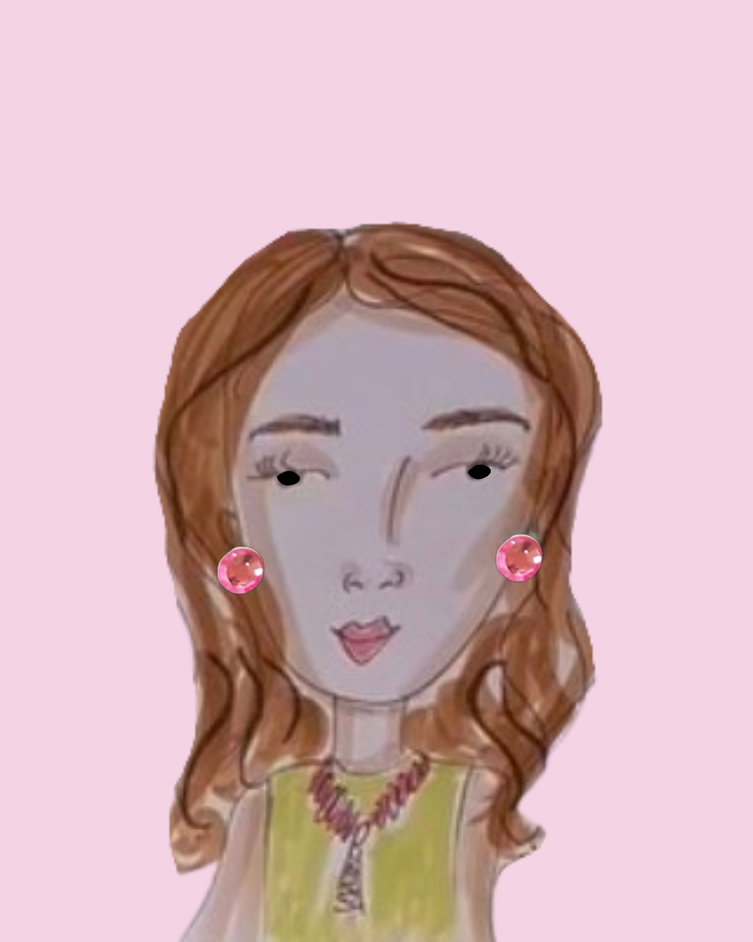 Illustration of a woman with light skin, reddish-brown hair, pink earrings, and a yellow top, set against a pink background.