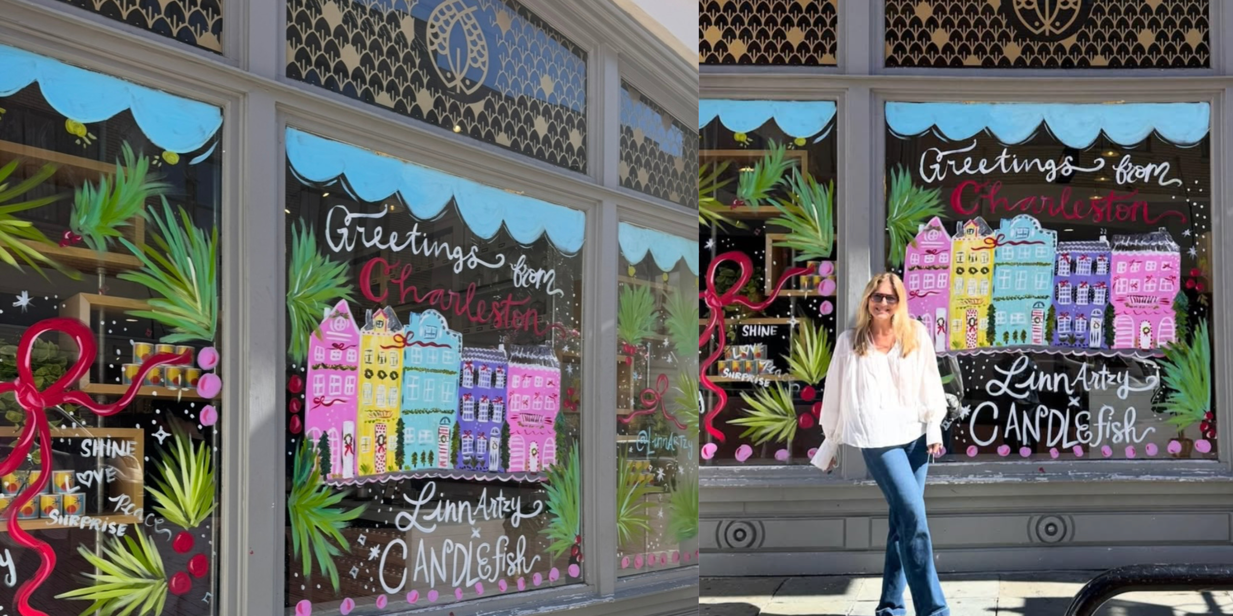 Store window with colorful painted cityscape, palm trees, and holiday decorations. Sign reads 'Greetings from Charleston'. Person with blonde hair, sunglasses, white blouse, and jeans standing in front.