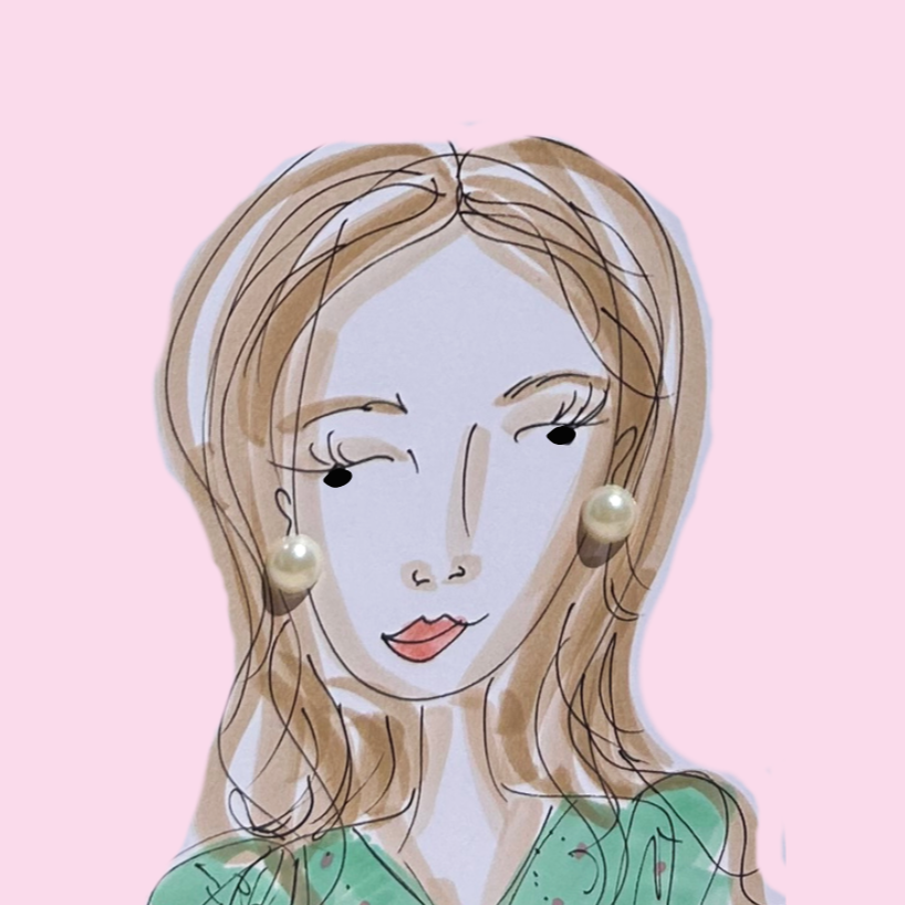 Illustration of a woman with long light brown hair, wearing pearl earrings, a green top, and having one eye closed in a wink, set against a pink background.