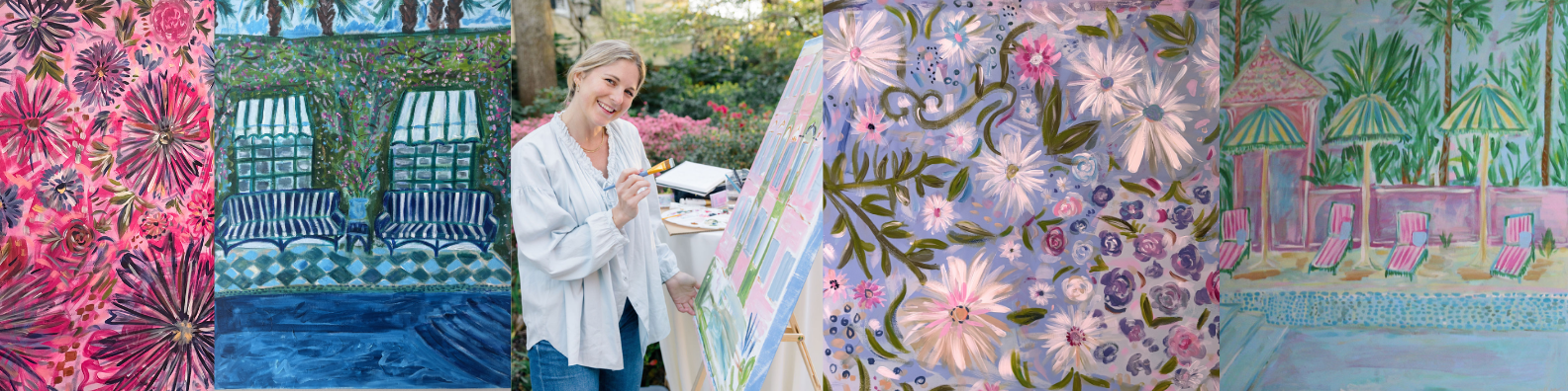 A woman painting outdoor scenes on canvases, surrounded by floral patterns and colorful artwork, including blooming flowers and garden scenes.