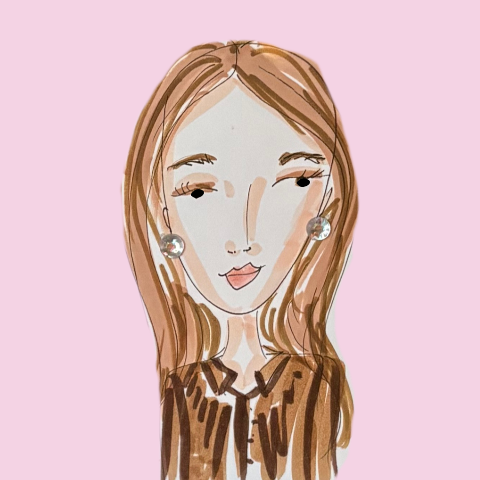 Illustration of a woman with long hair wearing earrings and a brown patterned shirt, set against a pink background.