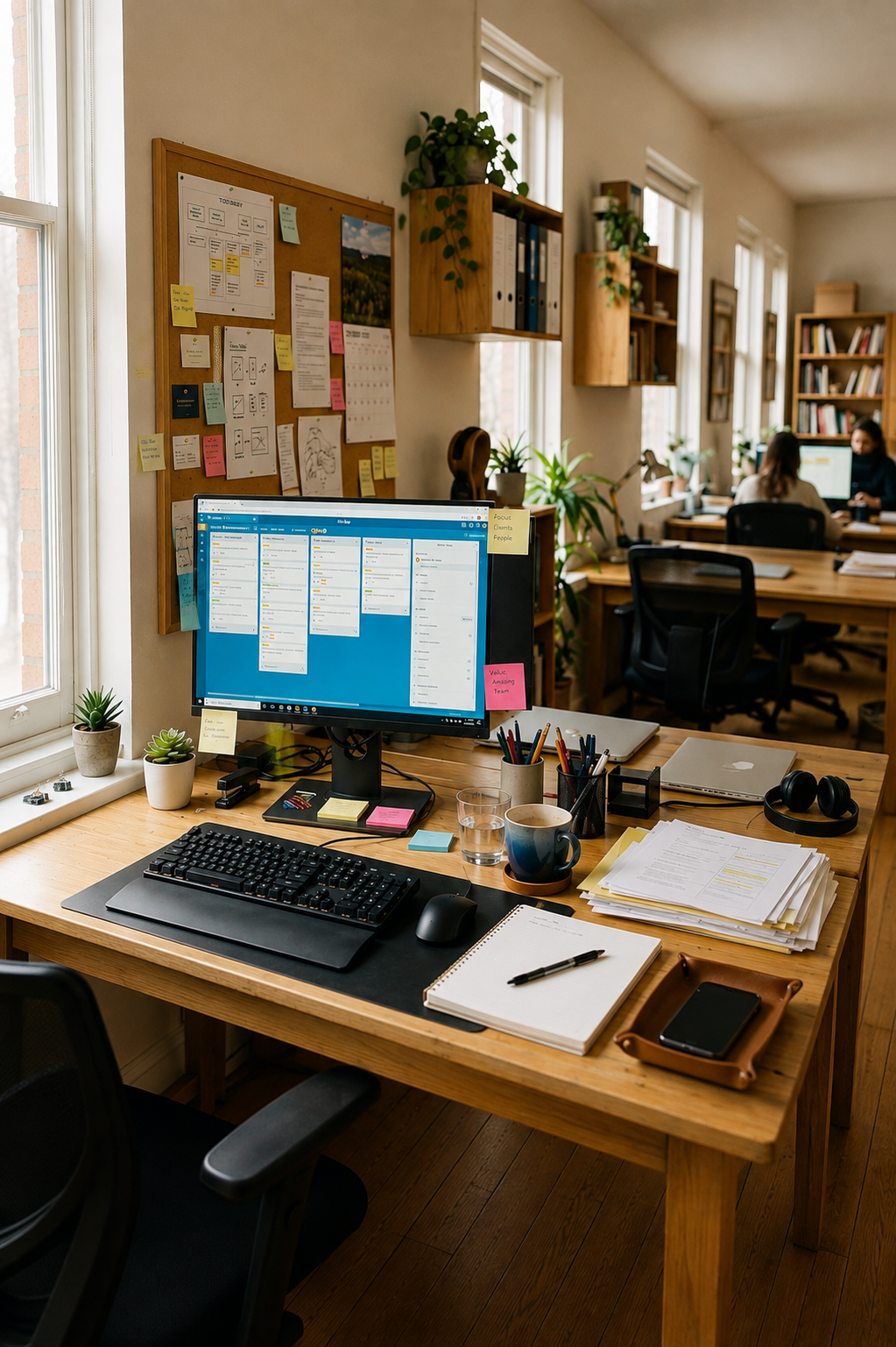 A home office workspace with a wooden desk, a computer monitor displaying a project management tool, keyboard, mouse, notebooks, pens, a coffee mug, and plants. In the background, there are colleagues working at desks, window with natural light, and wooden wall shelves with books and plants.