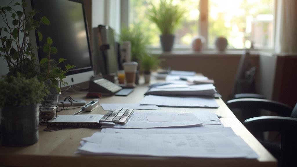 Messy office desk with papers, computer monitor, keyboard, phone, plants, and a window with sunlight.