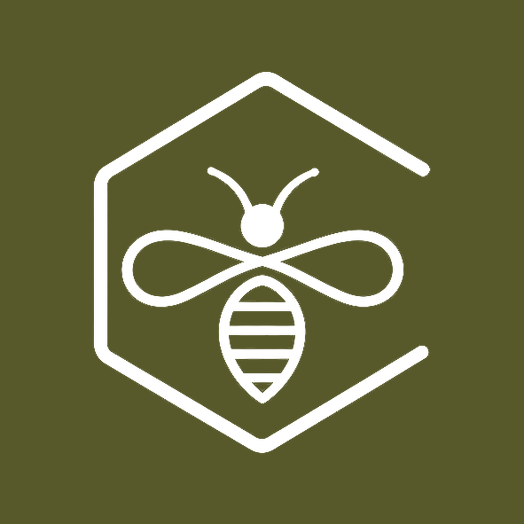 White line drawing of a bee inside a hexagon on an olive green background.