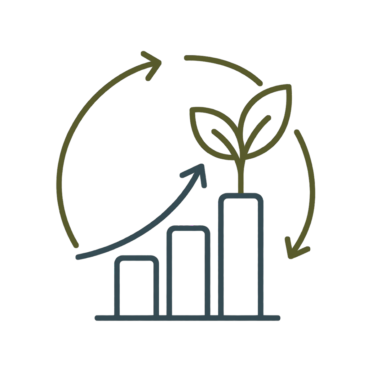 Line graph with bars increasing in height and a small plant growing, surrounded by cycle arrows, symbolizing growth and sustainability.