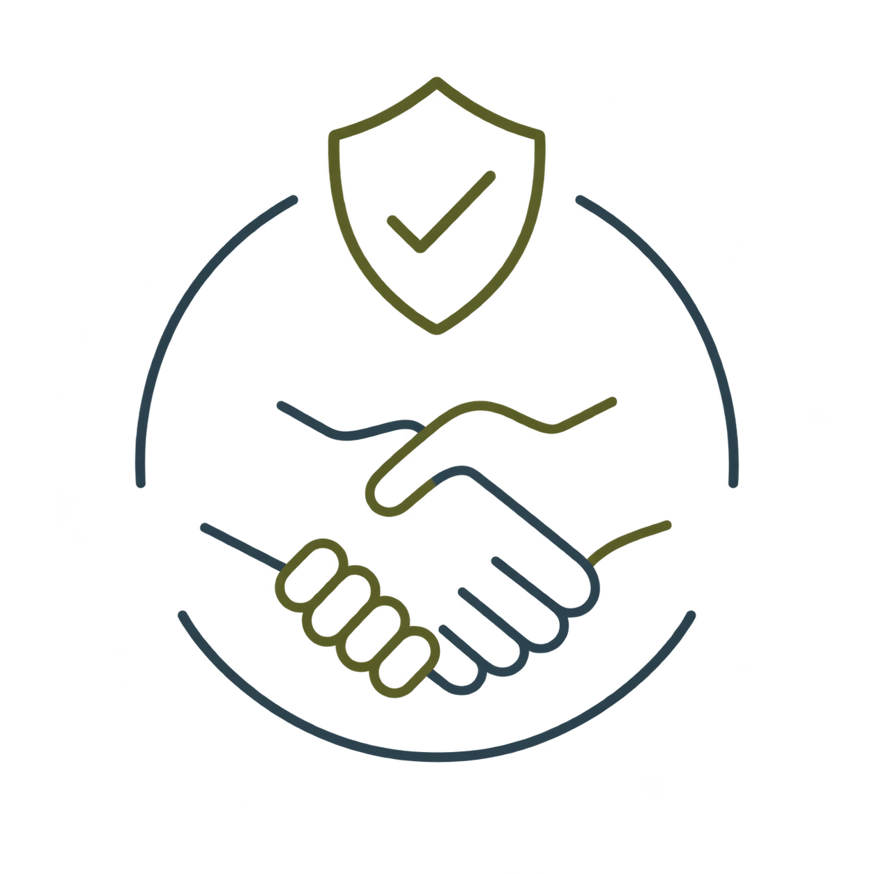 Icon of a handshake with shield and checkmark above, symbolizing security and trust.