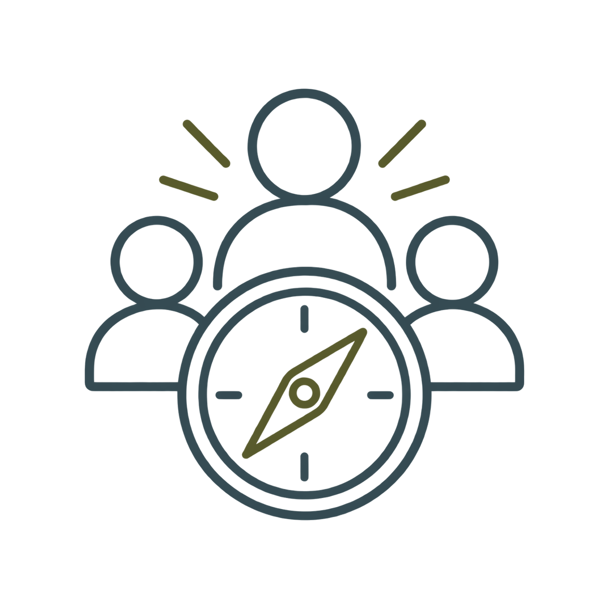 Icon of three people with a compass in front, indicating leadership or guidance within a team.