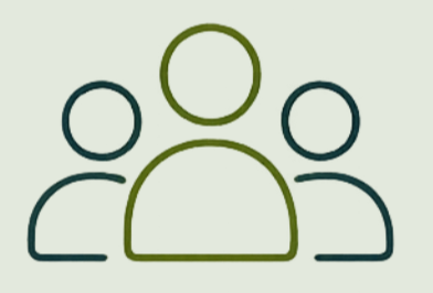 Simplified line drawing of three people, one in the center and two on the sides.