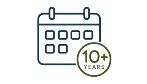 Icon of a calendar with a "10+ years" badge.