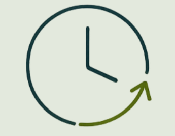 A simple clock showing the time as 3:00 with an arrow indicating a clockwise movement.