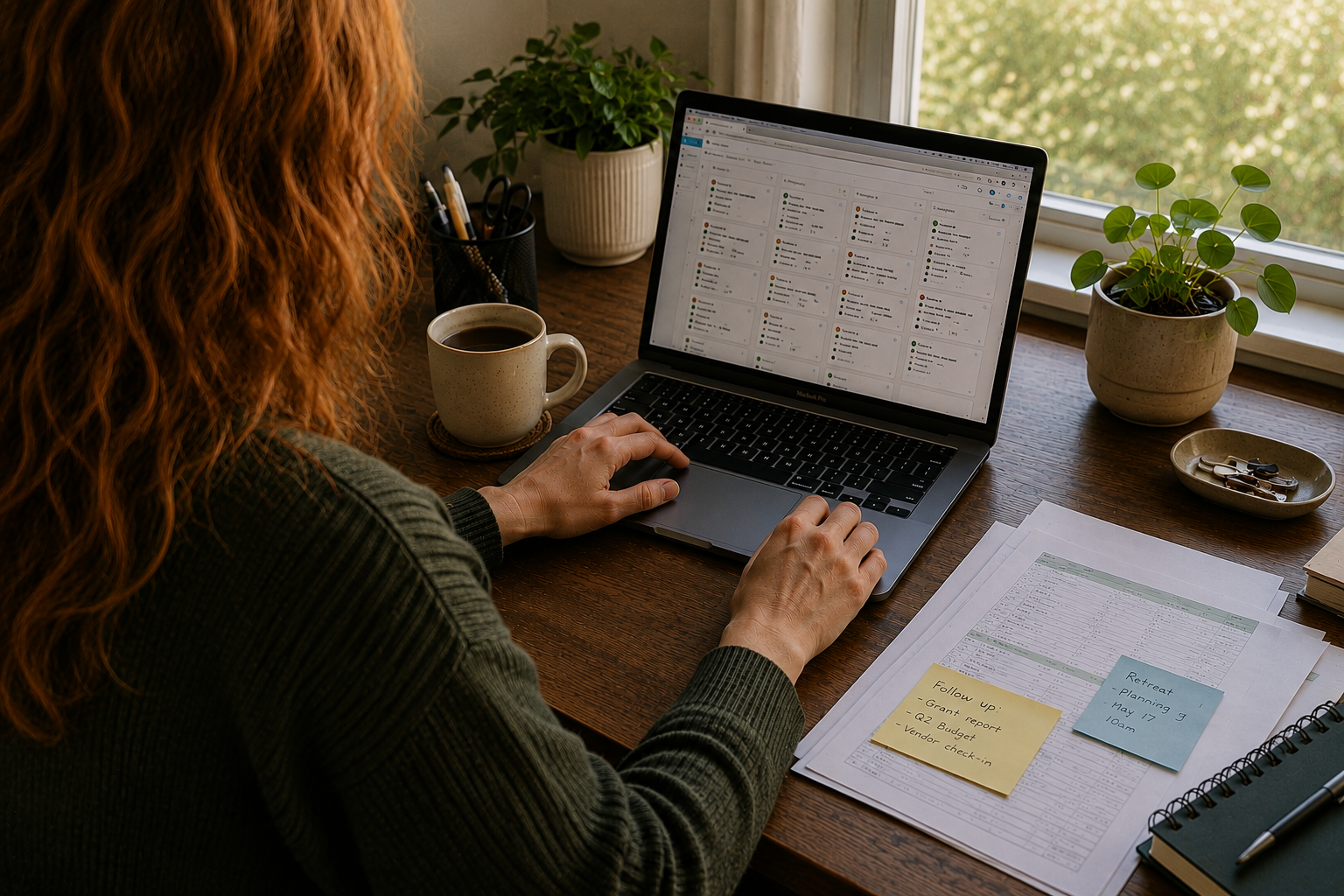 A woman with red hair working on a laptop at a wooden desk near a window with plants, a cup of coffee, and office supplies.