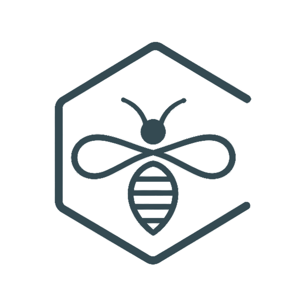 Logo of a bee with scientific elements inside a hexagon