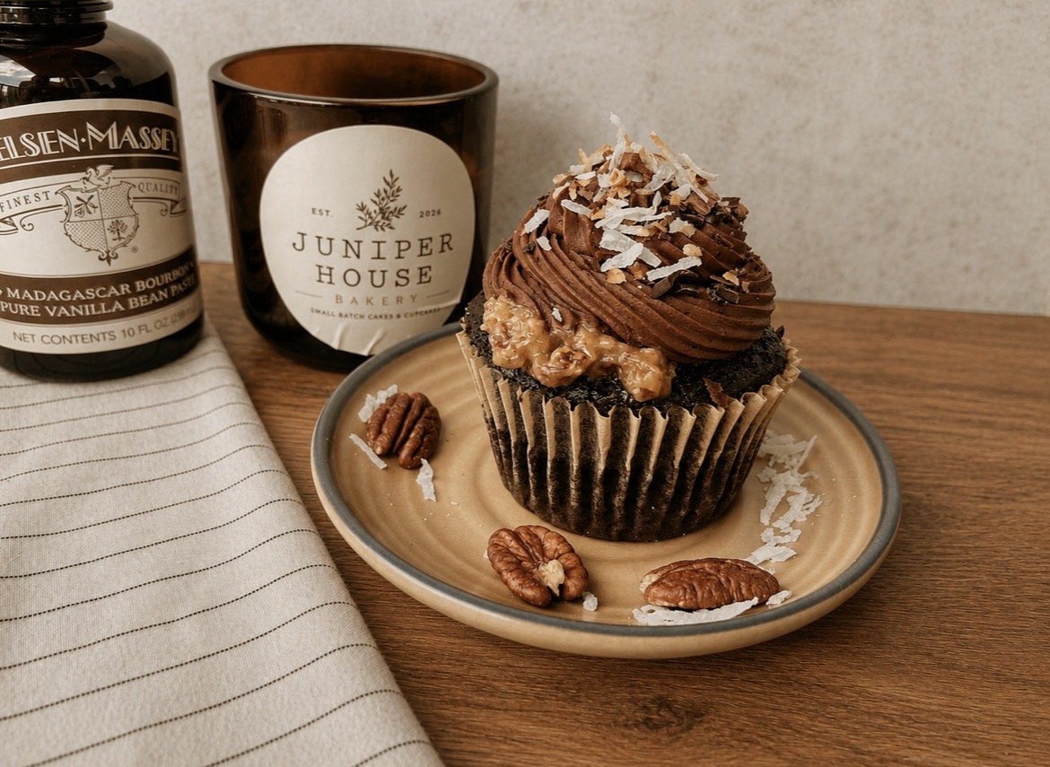 Fireside Chocolate: Moist German chocolate cupcake, filled with toasted coconut pecan filling, and topped with a decadent chocolate ganache buttercream.