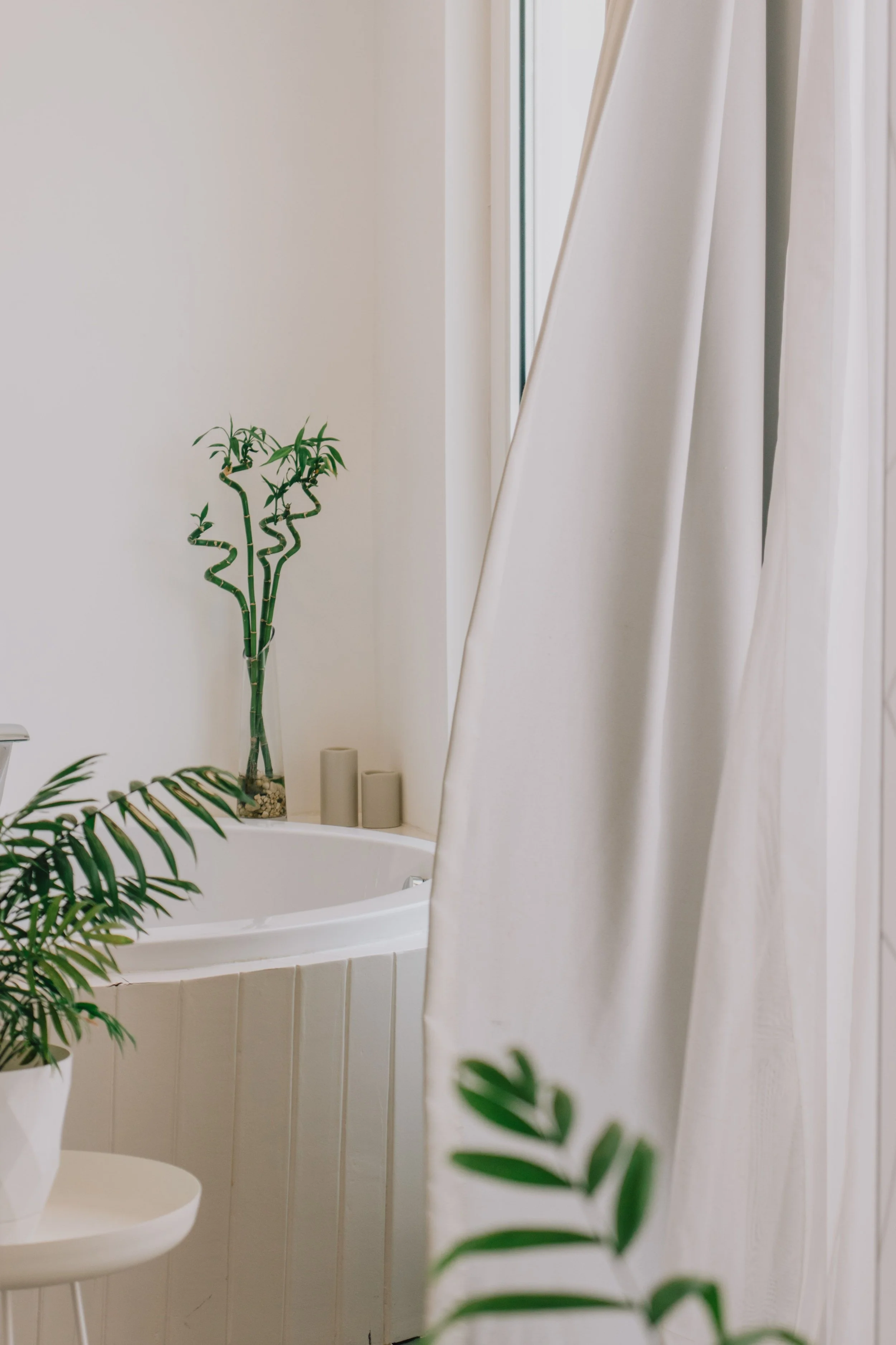 A bathroom corner with a white bathtub, potted green plants, and white curtains.