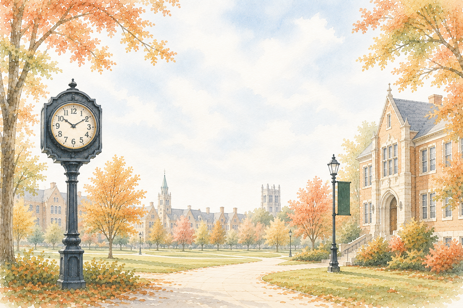 An autumn scene of a college campus with a clock tower showing 1:53, surrounded by colorful trees, old-style buildings, and lamp posts.