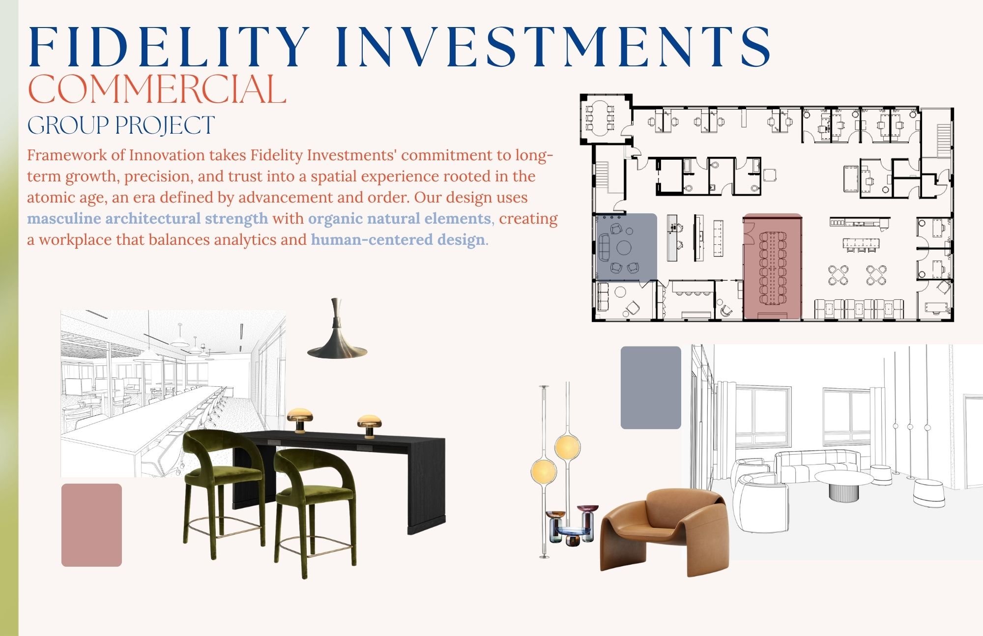 A design presentation for Fidelity Investments' commercial group project featuring floor plans, interior design sketches, and furniture concepts for an office space.