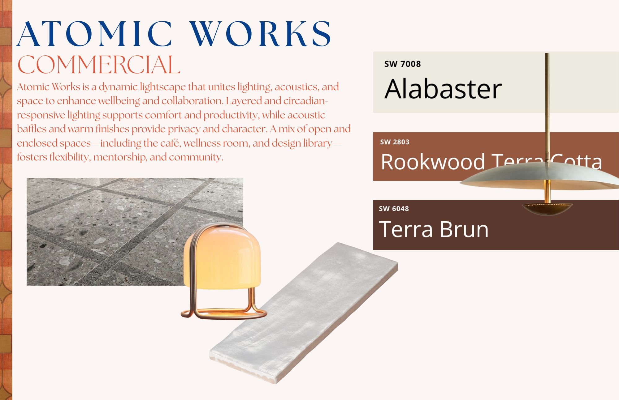 Sample of interior design materials, including concrete, earth tone paint colors, and lighting fixtures.