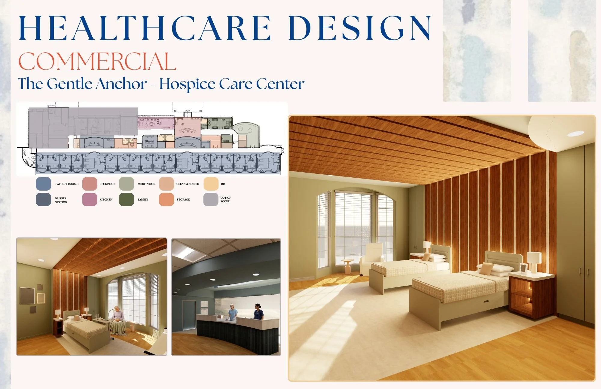 Brochure cover featuring a floor plan of a healthcare facility and photographs of a modern medical interior with wood accents, large windows, and comfortable patient rooms.