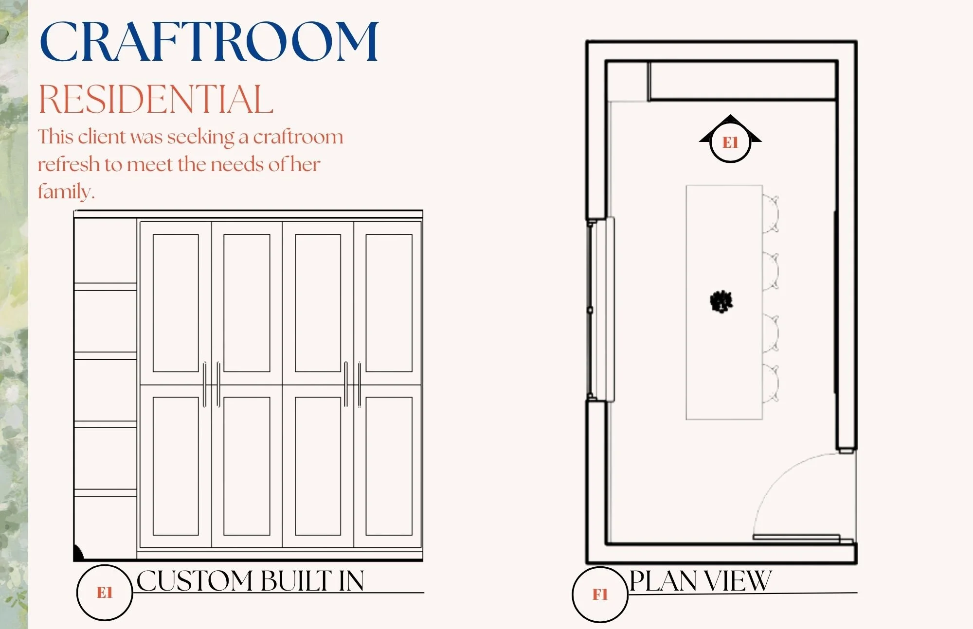 Architectural blueprint showing a custom built-in cabinet on the left and a plan view of a room layout on the right. The left side is labeled 'Custom Built In' and the right side is labeled 'Plan View'.