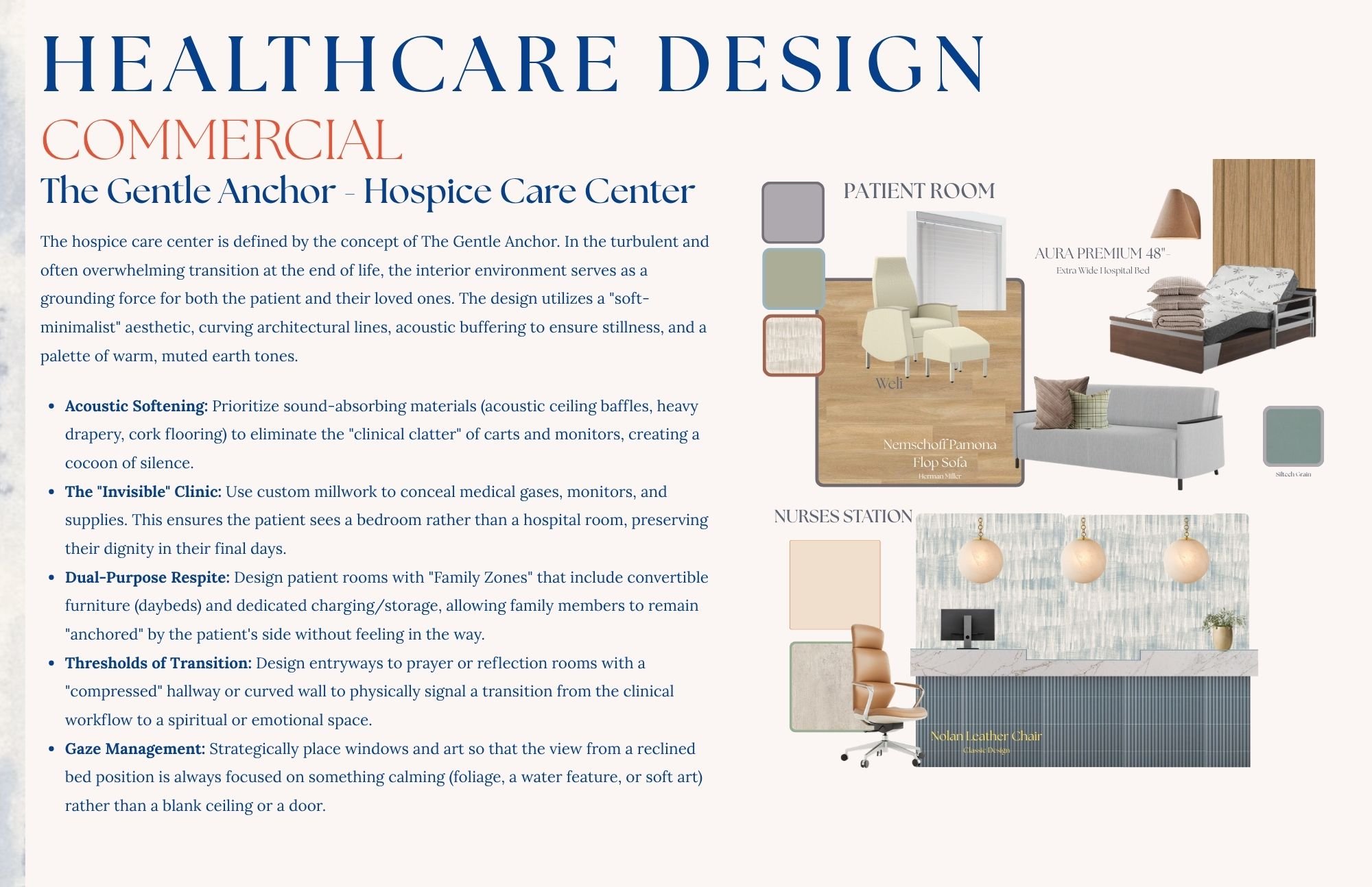 A design board for a healthcare hospitality space labeled 'The Gentle Anchor - Hospice Care Center' featuring interior elements such as a nurse's station, a bedroom with a narrow hospital bed, a sofa with pillows, and a desk with a computer, all with