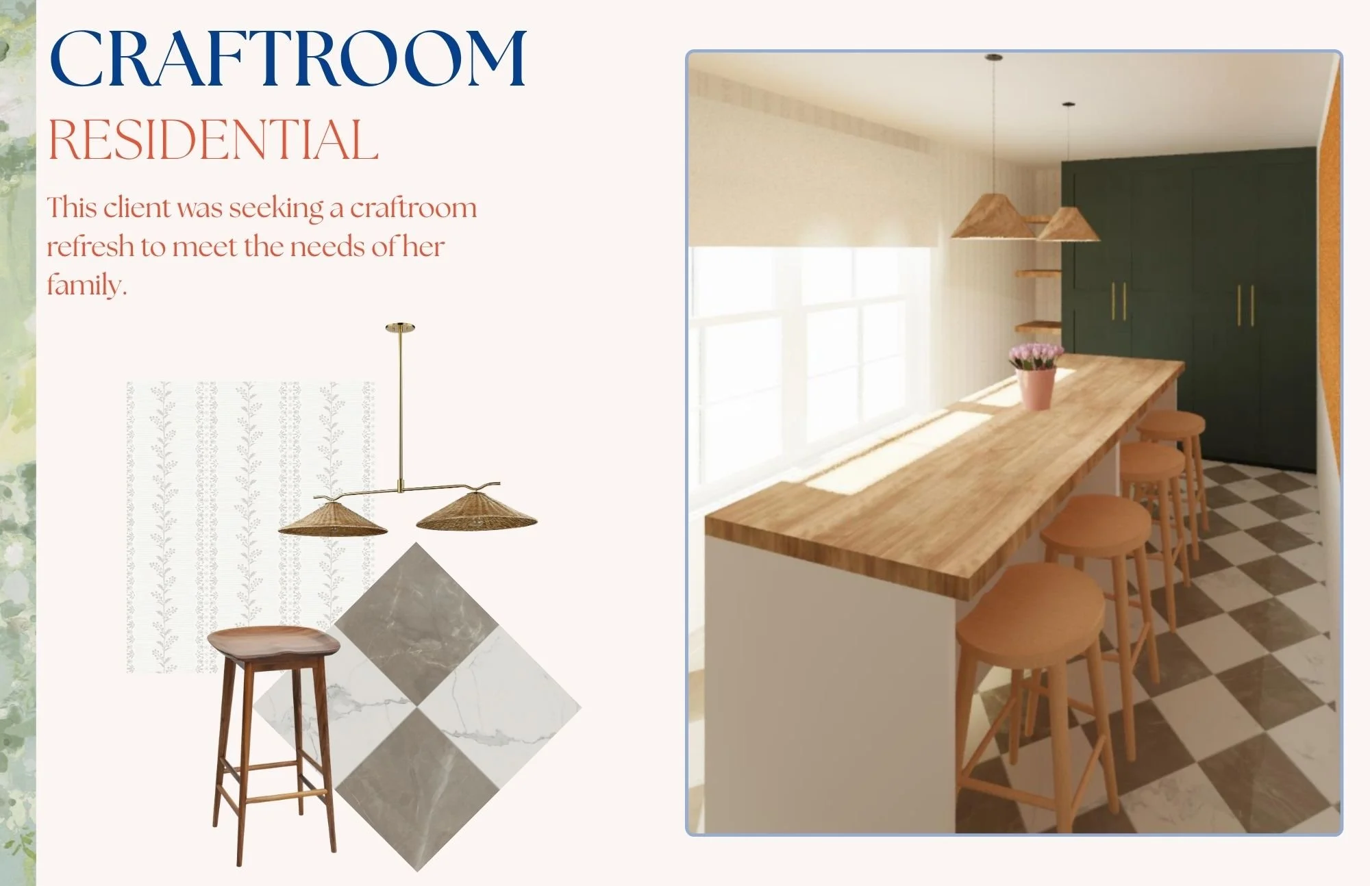 A design board showing a craft room with hanging wicker pendant lights, a small wooden stool, and marble and gray square tiles. The room has a kitchen counter with four wooden barstools, dark green cabinets, large windows, and a plant in a pink pot.