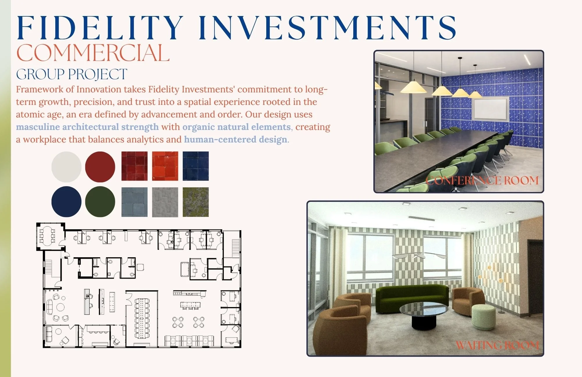 A presentation slide for Fidelity Investments commercial group project, showing a color palette, a floor plan, and images of a conference room and waiting room inside a modern office.