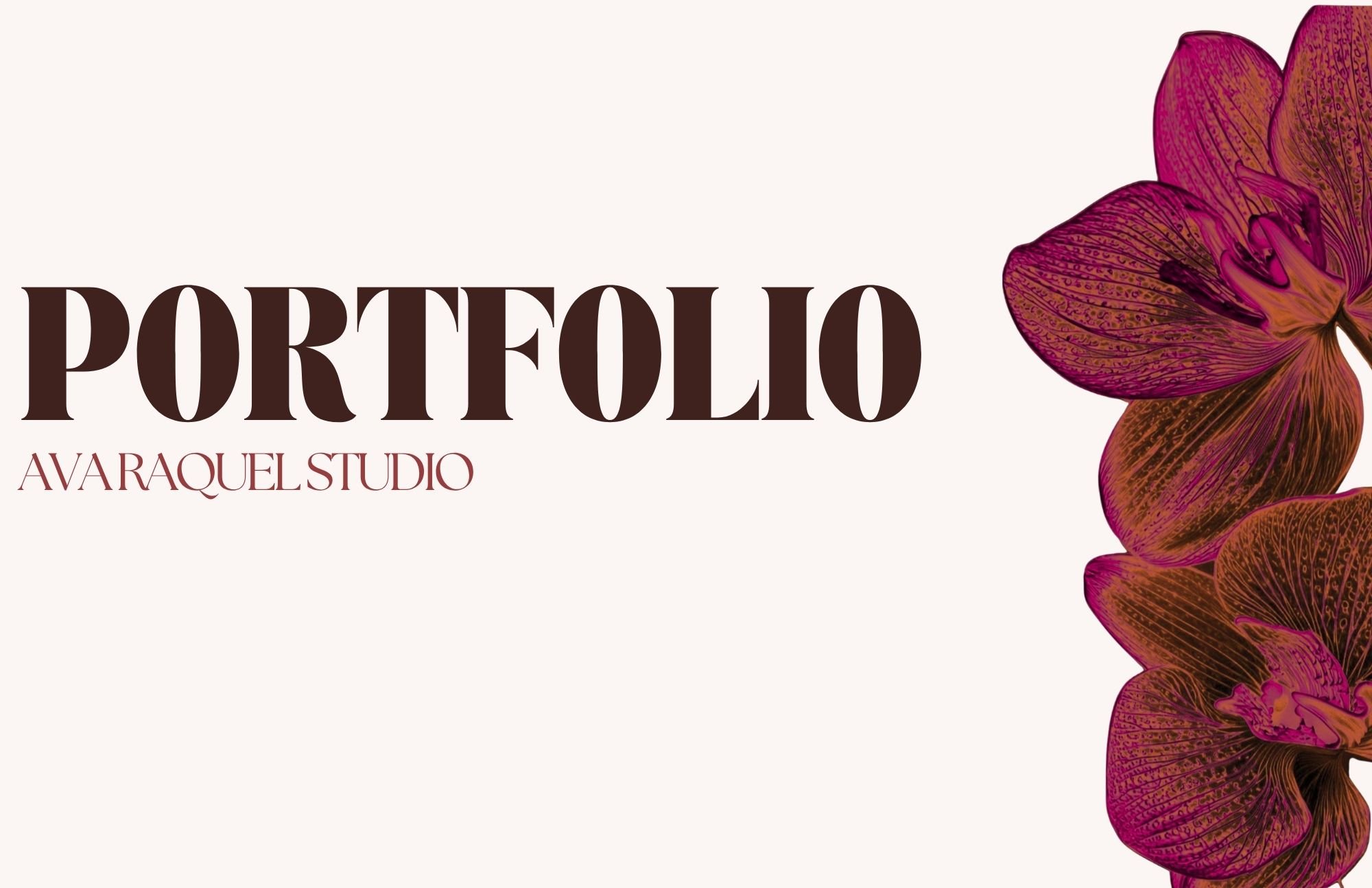 Graphic design for a portfolio by AVARAQUEL STUDIO, featuring large text reading 'PORTFOLIO' and a stylized purple and pink flower on a light background.