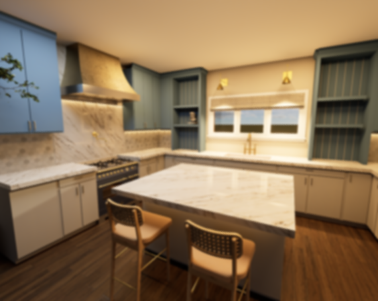A modern kitchen with blue cabinets, marble countertops, a central island, and a window above the sink.