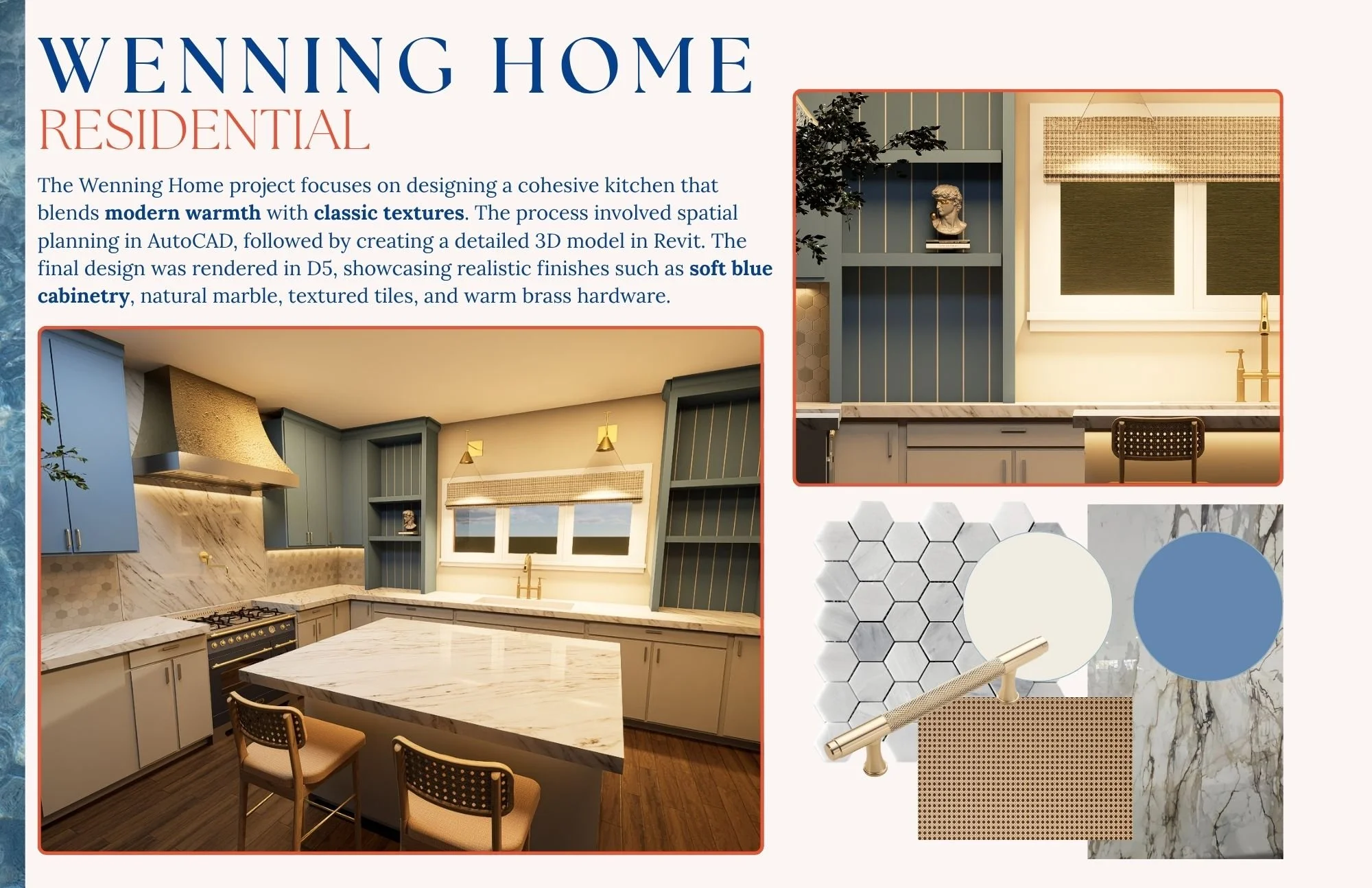 A floor plan of a kitchen with blue cabinetry, marble countertops, a matching island, open shelving, and gold accents. The use of natural textures and warm brass hardware create a modern warm aesthetic.