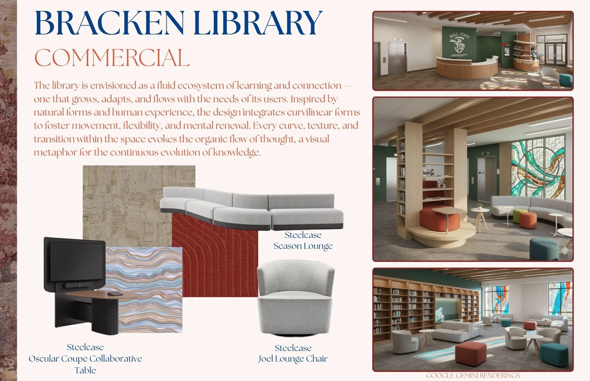 Sign for Bracken Library, Commercial section with interior images of modern library lounges, seating, a reception desk, and various seating areas.