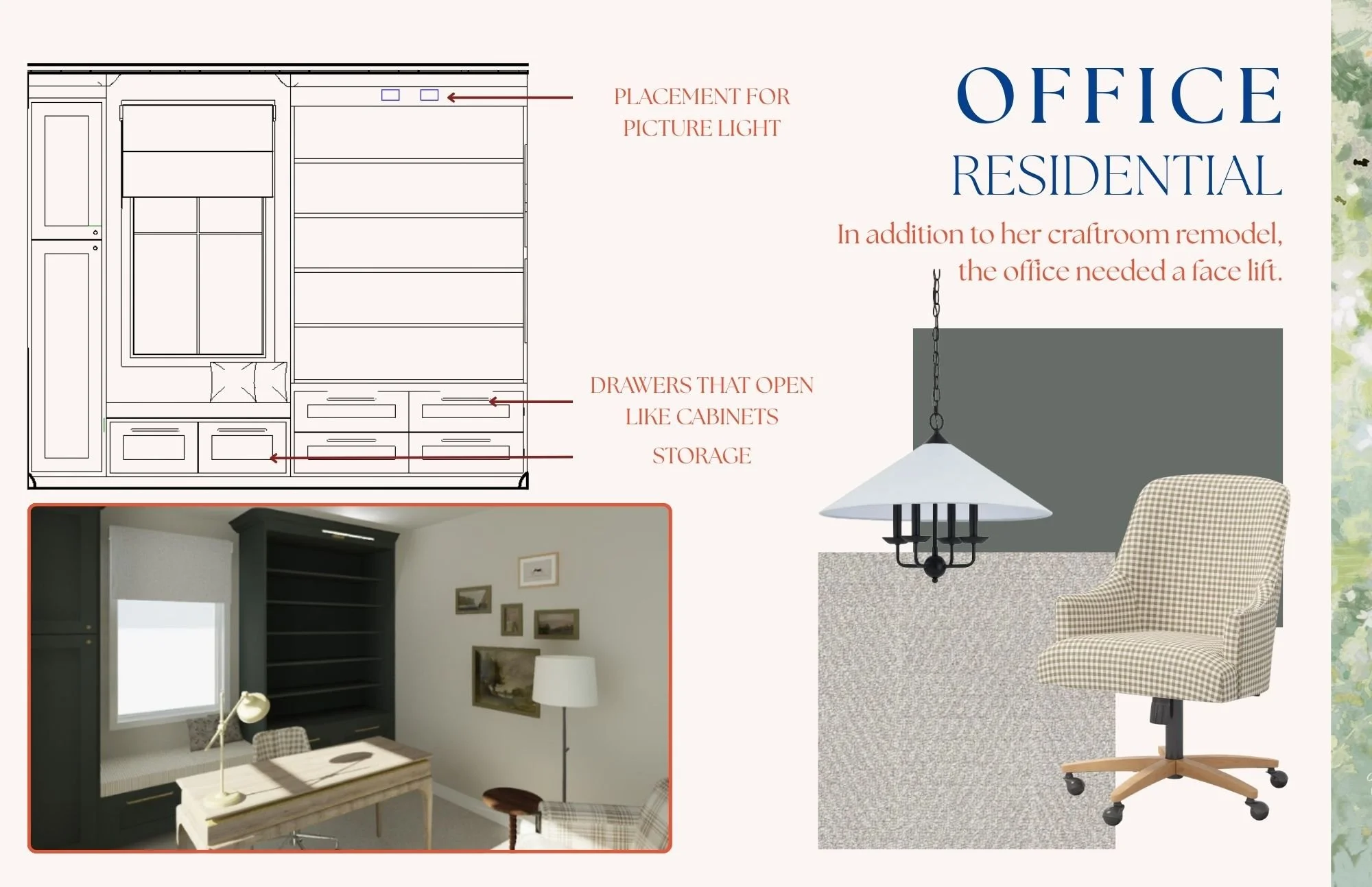 Design plan for office space renovation featuring a layout diagram, a photograph of an interior with a black built-in bookshelf, framed artwork, a white desk lamp, and a chair, along with a 3D rendering of an office chair and a hanging light fixture.