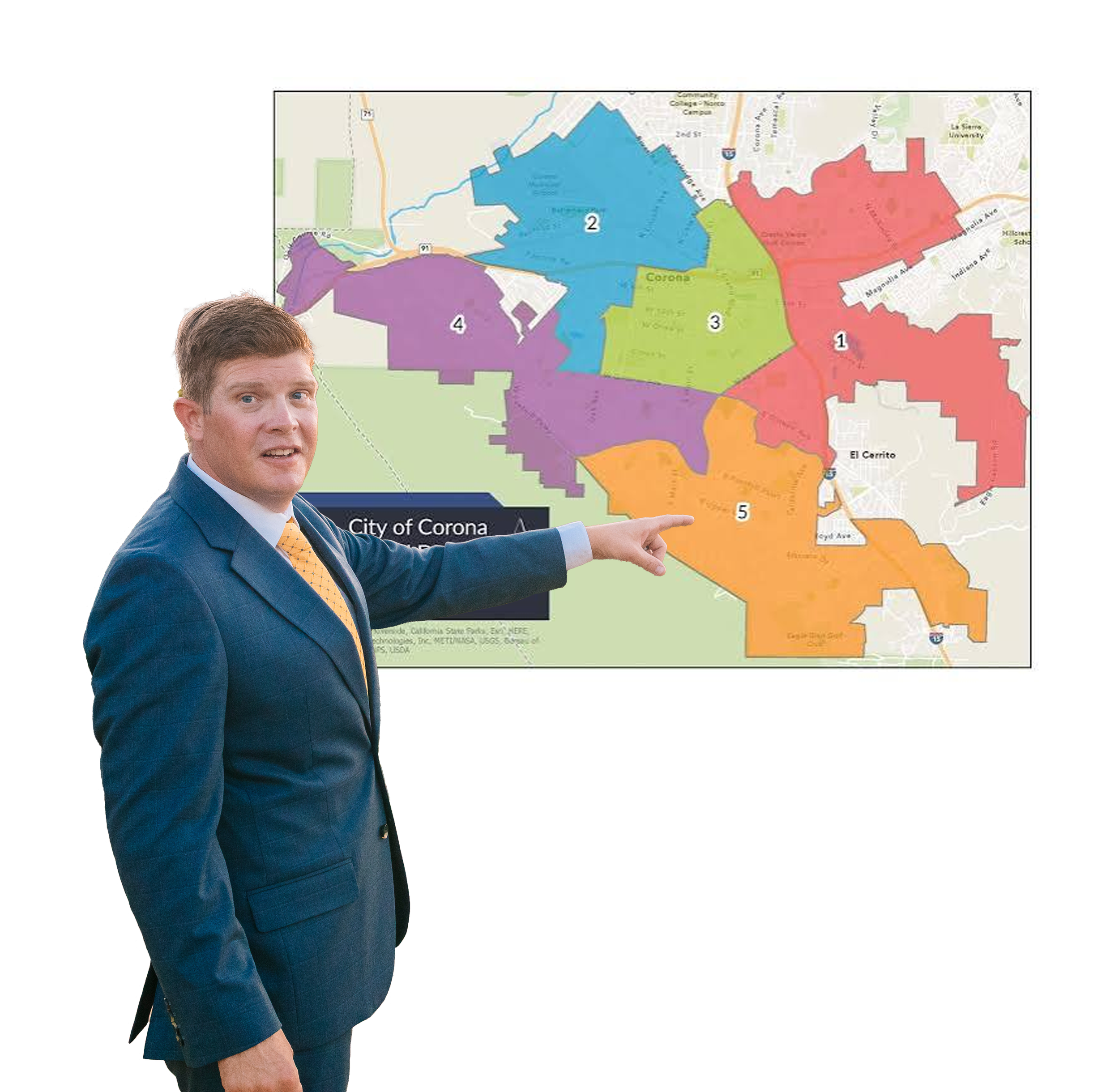 A man in a blue plaid suit and yellow tie pointing at a colored map of the city of Corona, showing numbered districts.