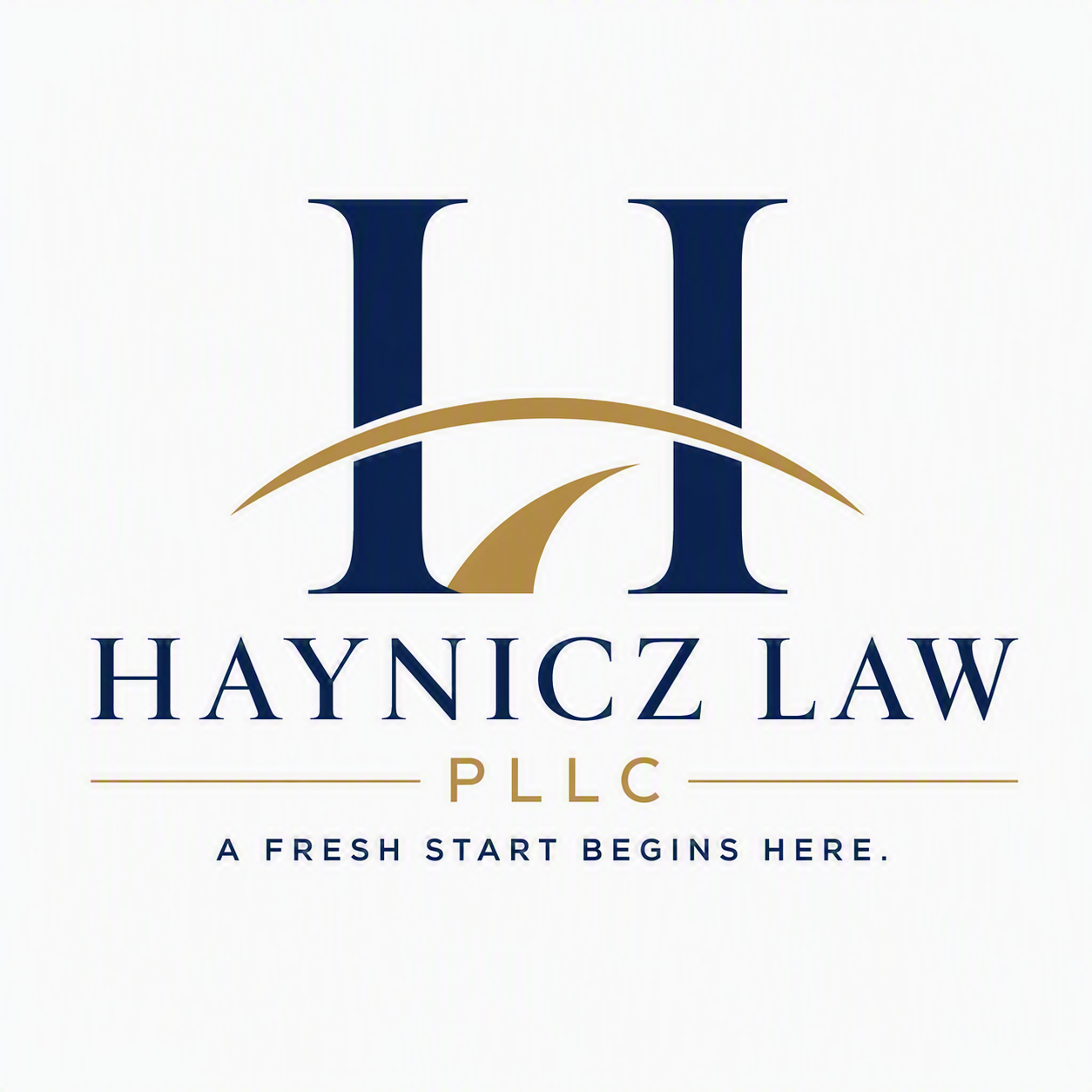 Logo for Haynicz Law PLLC with a large stylized letter H, a curved gold line beneath it, and the text 'HAYNICZ LAW PLLC' and the tagline 'A FRESH START BEGINS HERE.'